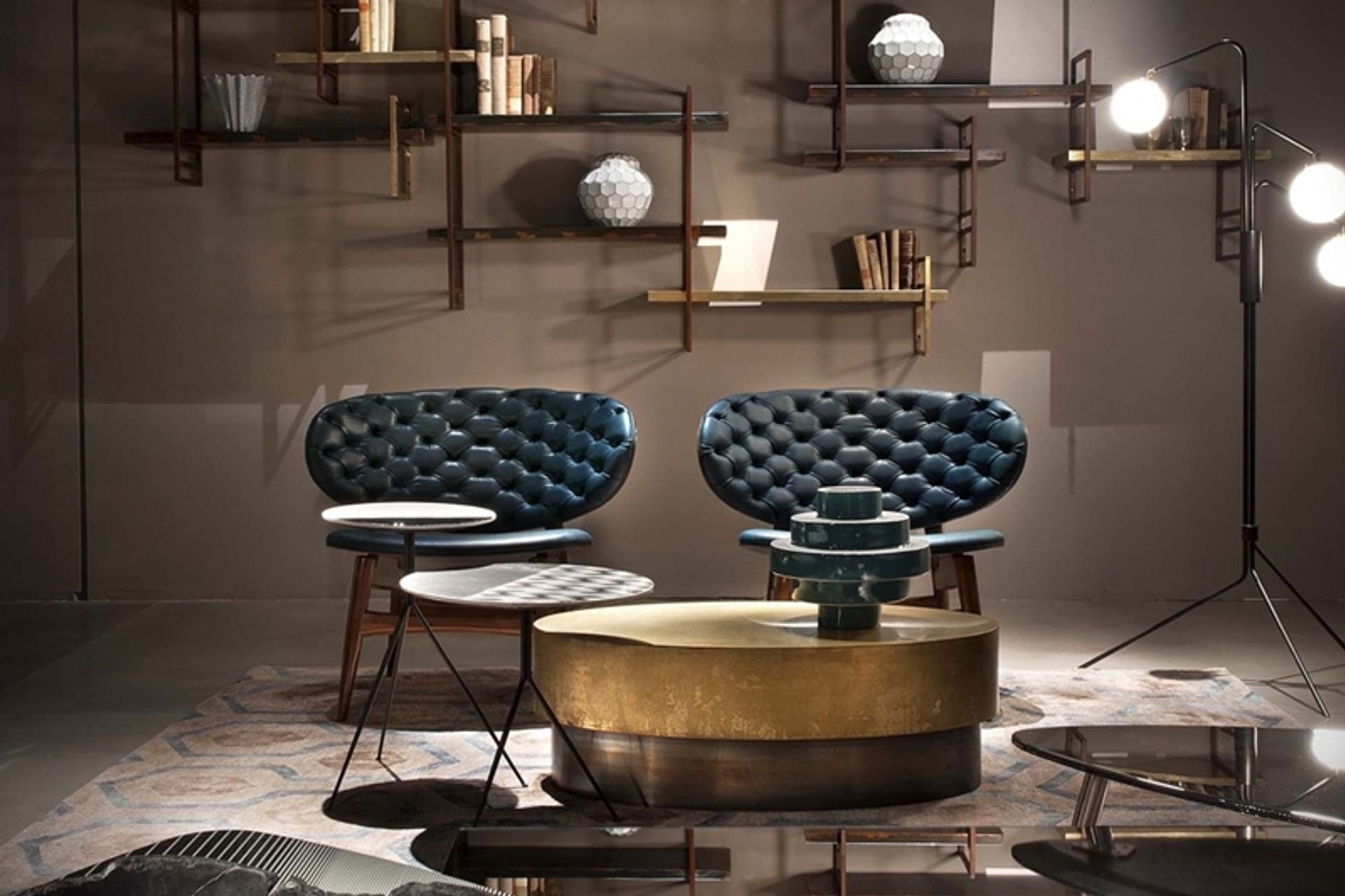 The matte antiqued copper and glossy chromed steel of this Baxter Loren coffee table from Cavit &amp; Co shows the chic eclectic mix of sleek, sharp industrial materials. 