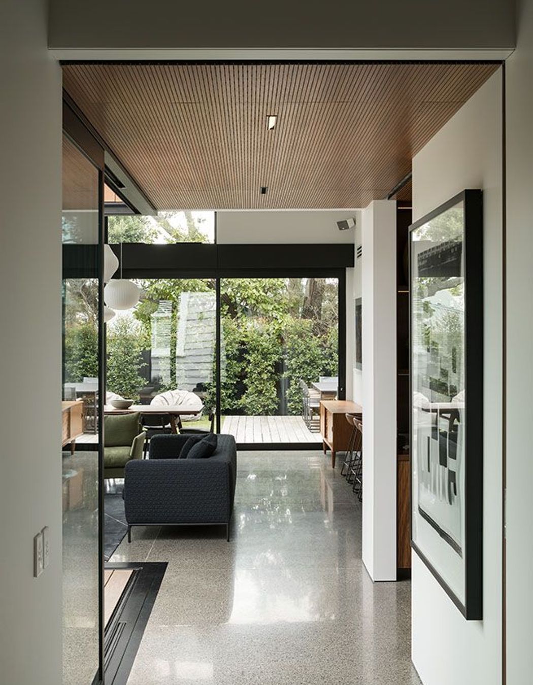 Looking through to the bright, modern living area in the Grey Lynn renovation.