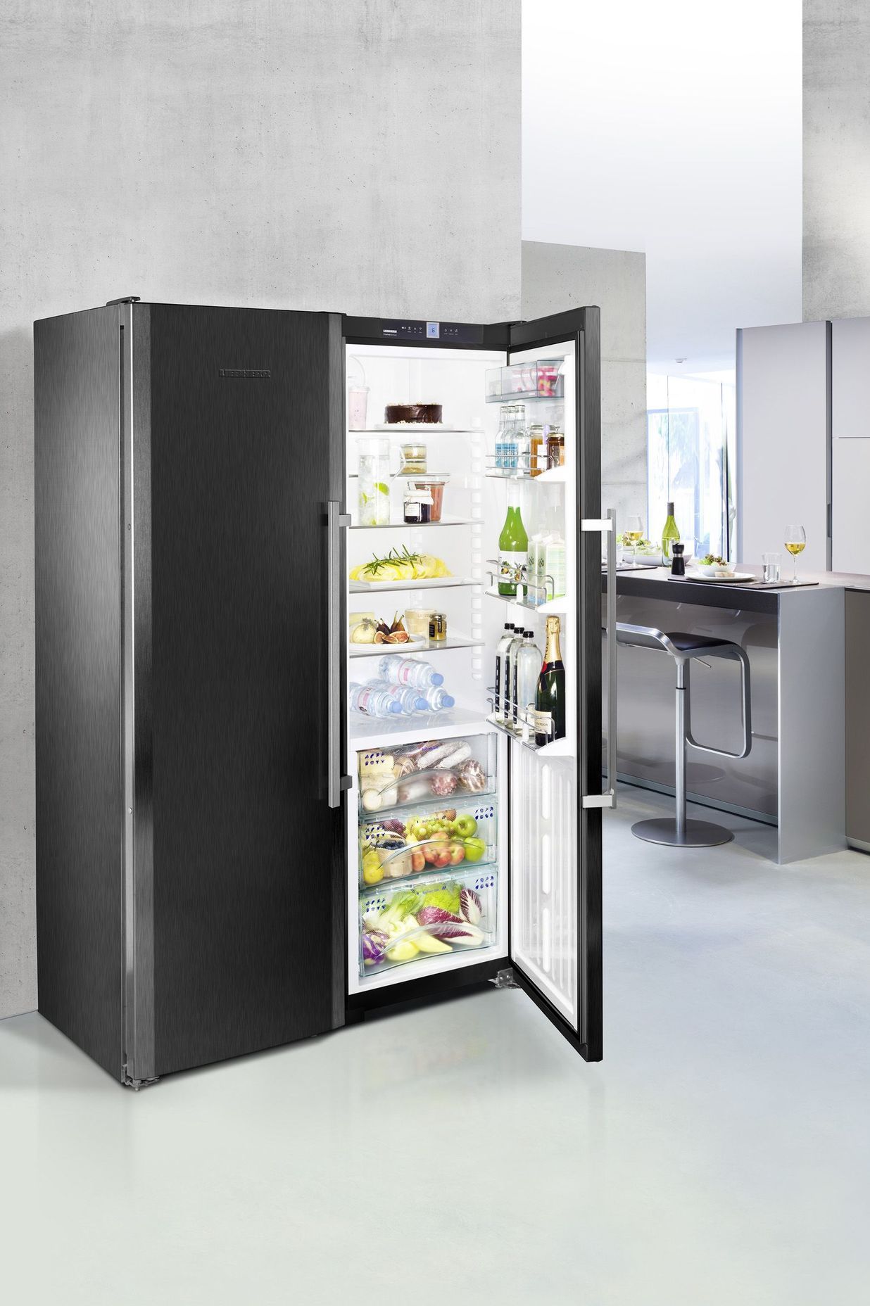 Side-By-Side Black Steel Fridge Freezer by Liebherr