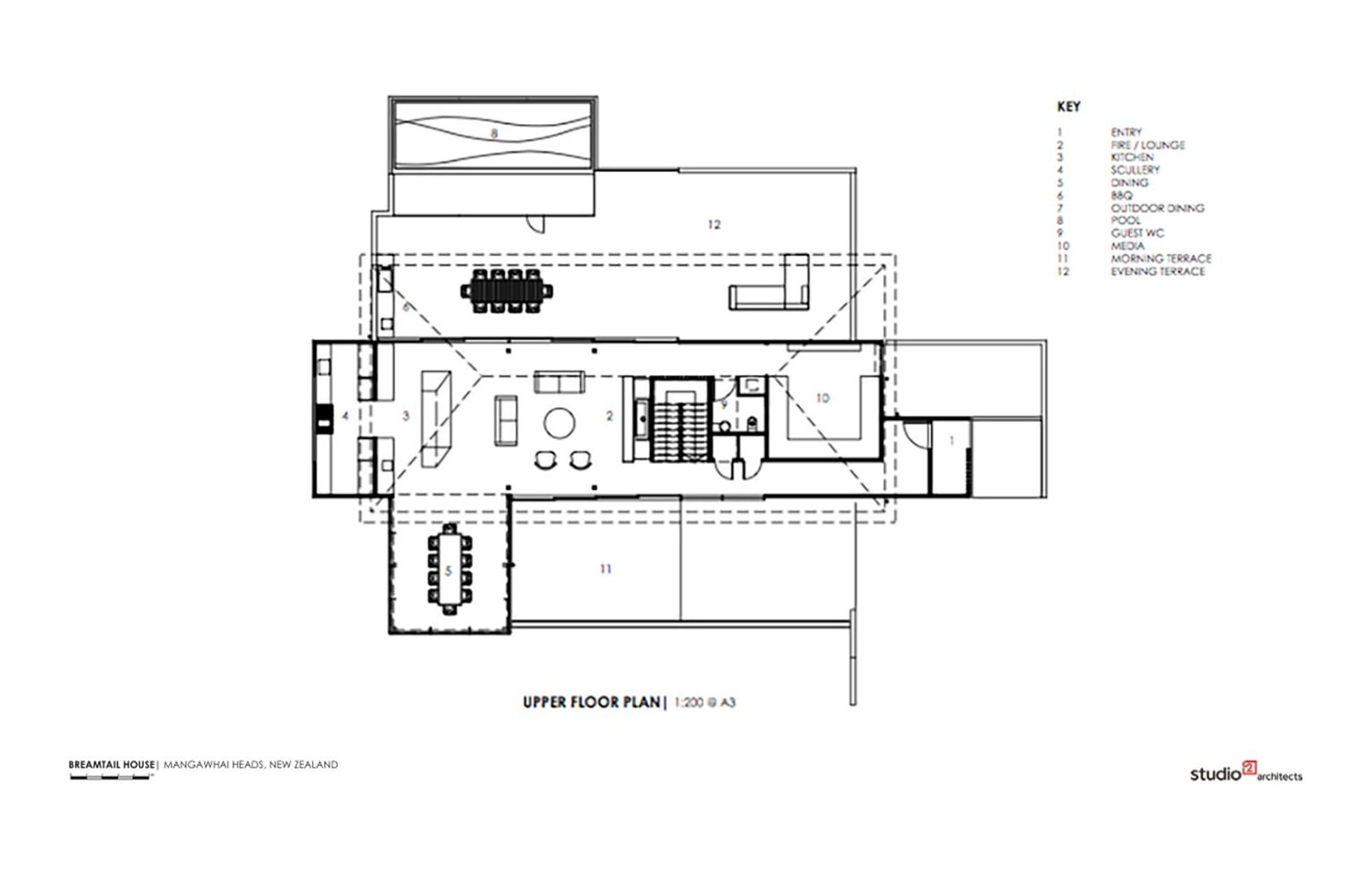 Breamtail House upper-floor plan by Studio2 Architects.