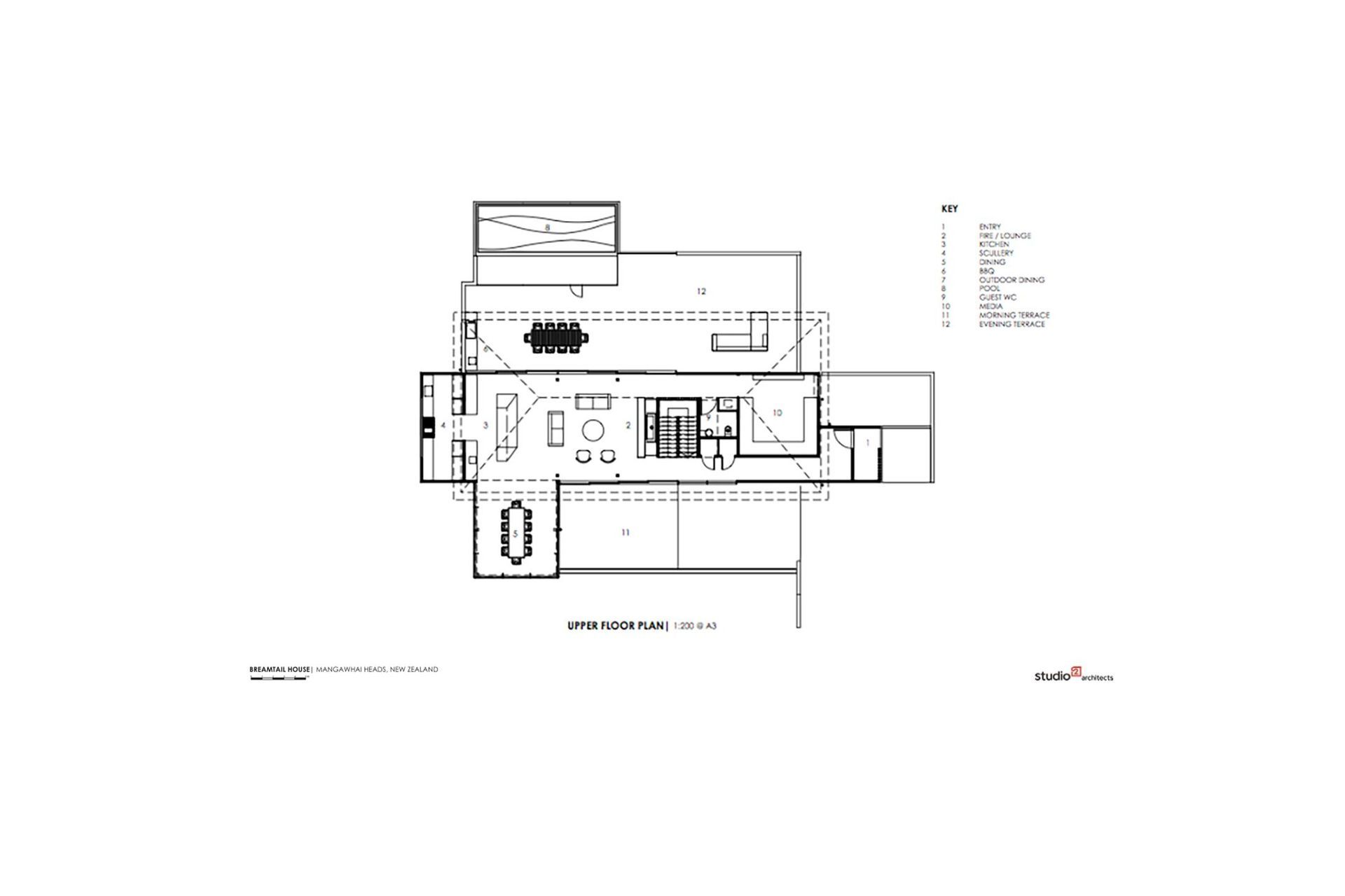 Breamtail House upper-floor plan by Studio2 Architects.
