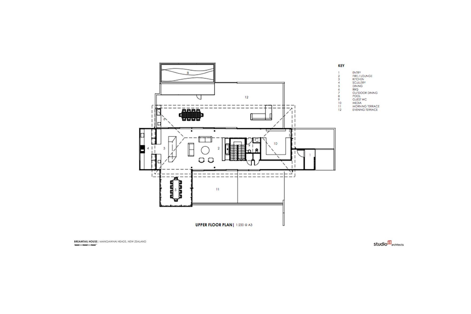 Breamtail House upper-floor plan by Studio2 Architects.