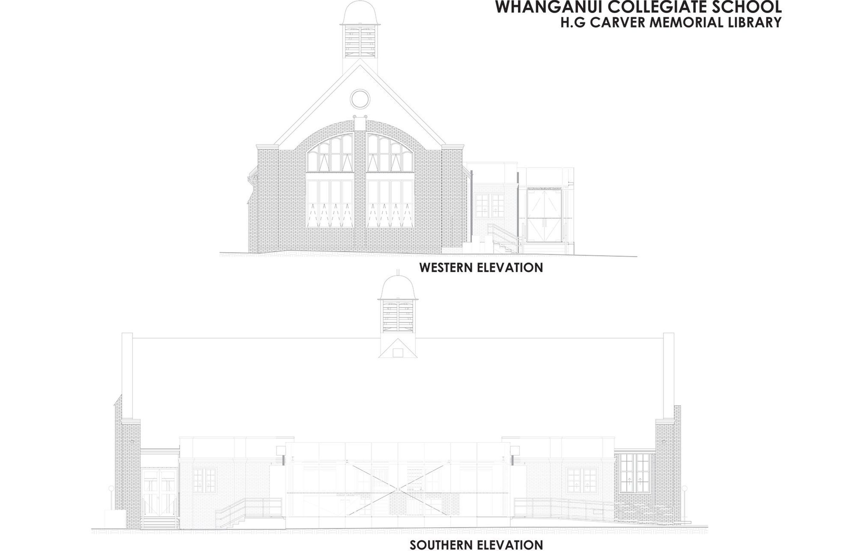 HG Carver Memorial Library: western and southern elevations. Drawing by RTA Studio.