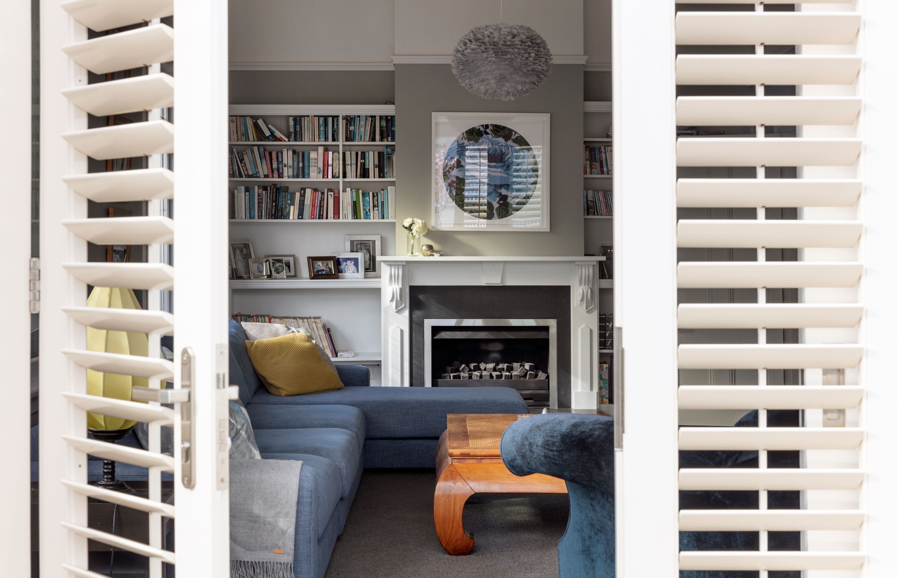 The front lounge seen through the shutters.