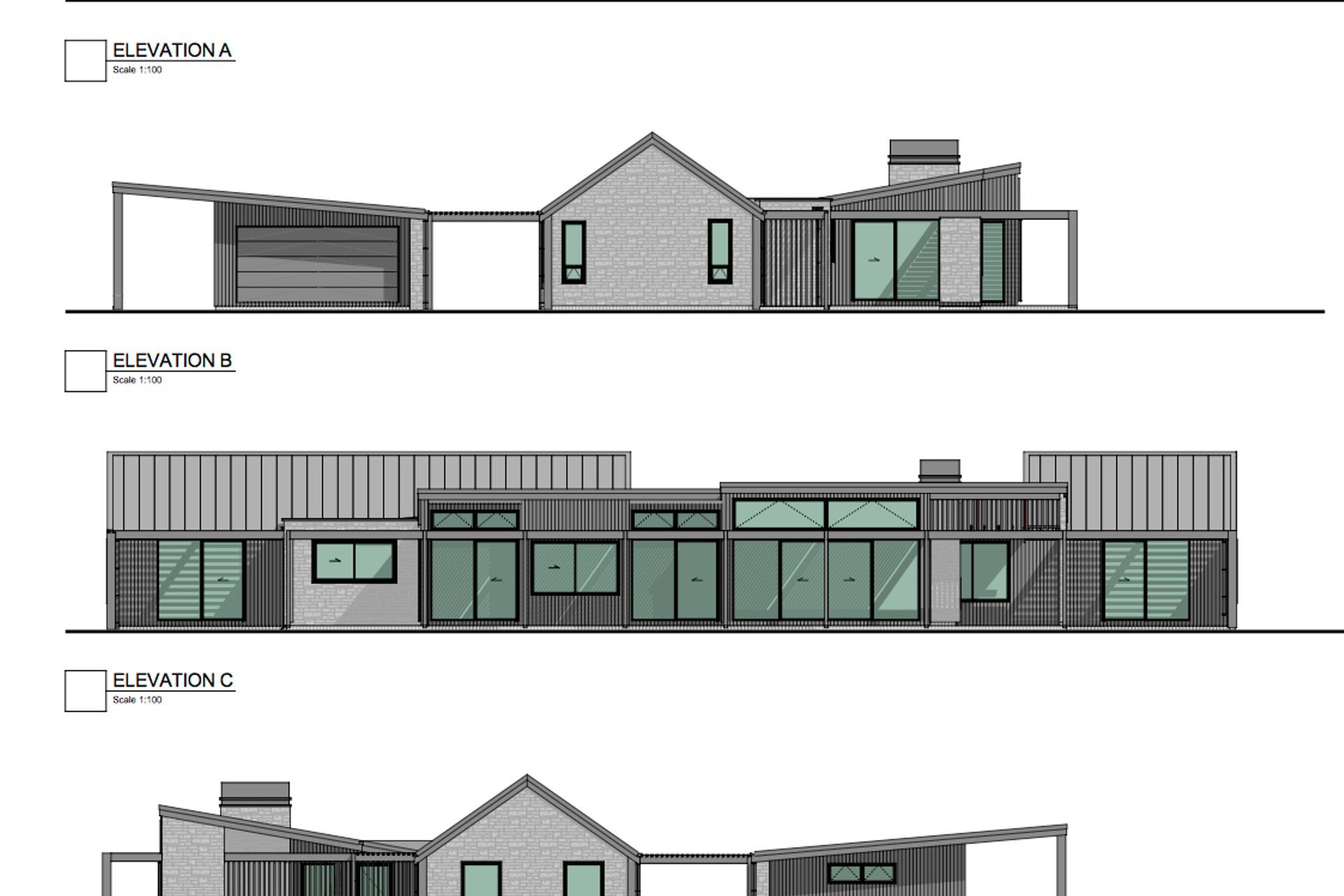 Alpine Retreat elevations by Barry Connor Design. Scale 1:100.