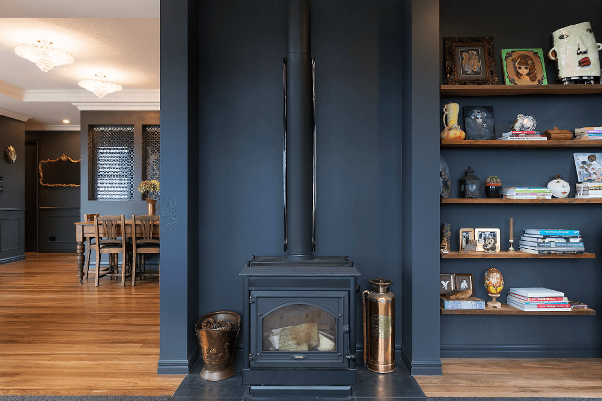 Lounge wood fire with Black Marie floating shelves