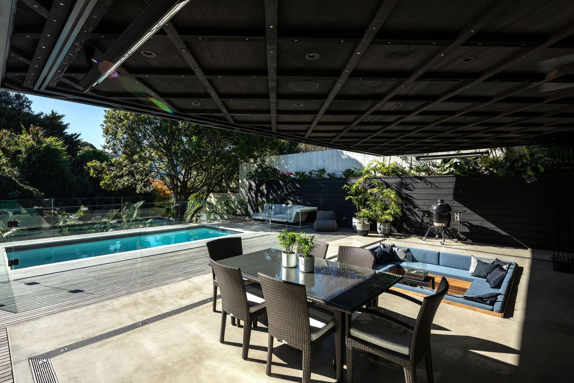 The outdoor area offers multiple options for al fresco entertaining.