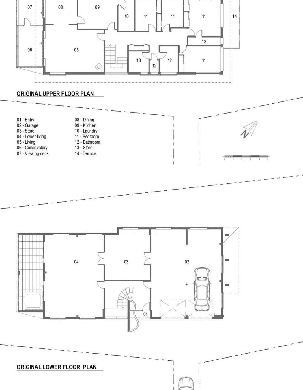 The upper and lower floor plans of the original brick-and-tile home, by Lloyd Hartley.