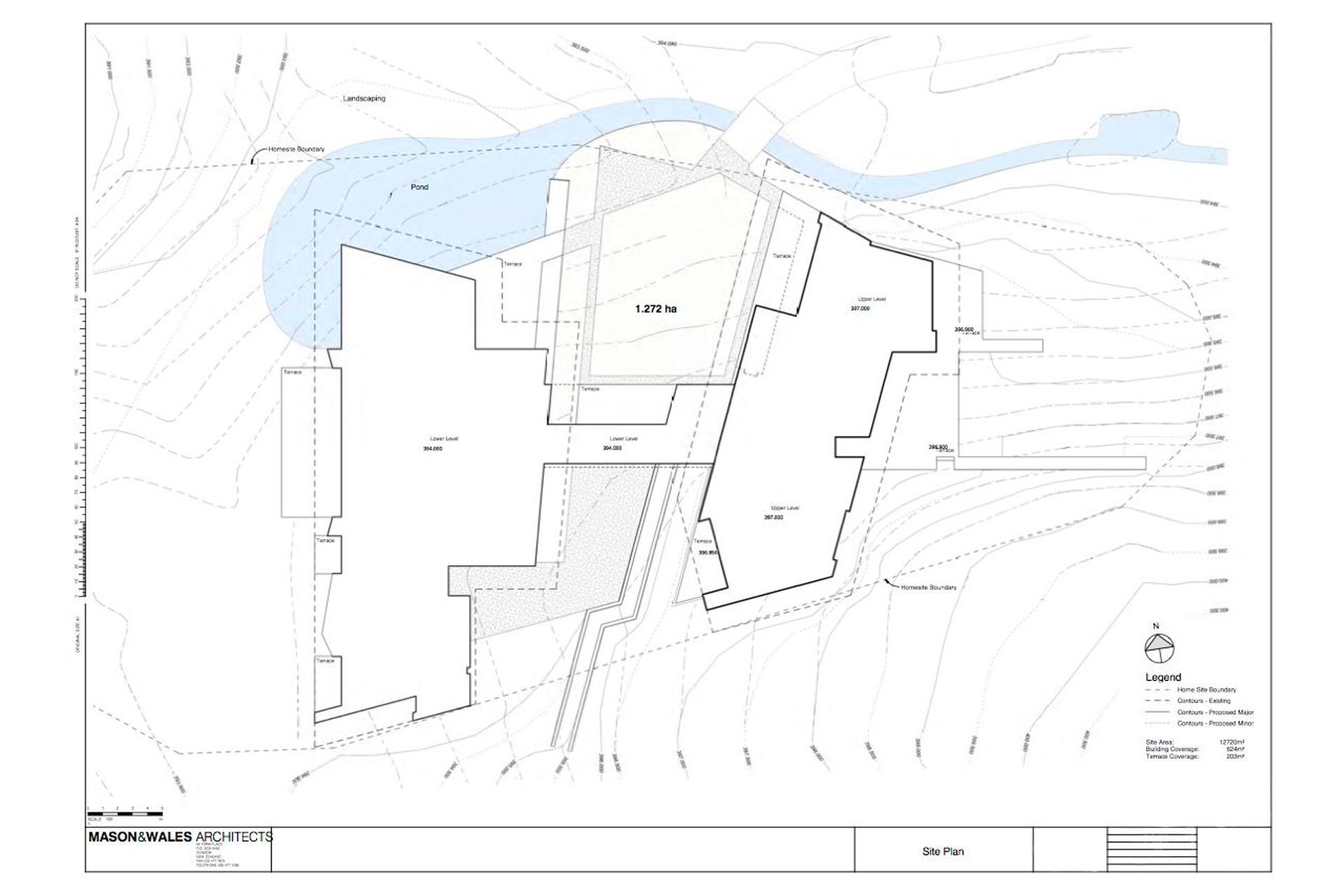 The Hidden Island Retreat site plan shows the arrangement of two forms with a bridge inbetween. Drawing by Mason and Wales Architects.