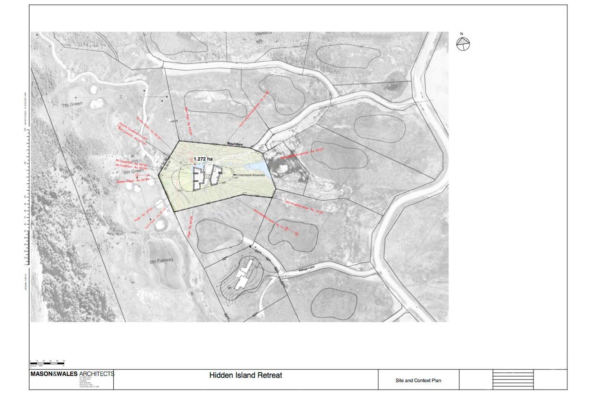 The context plan shows Hidden Island Retreat in relation to the mountains and the adjoining properties. Drawing by Mason and Wales Architects.