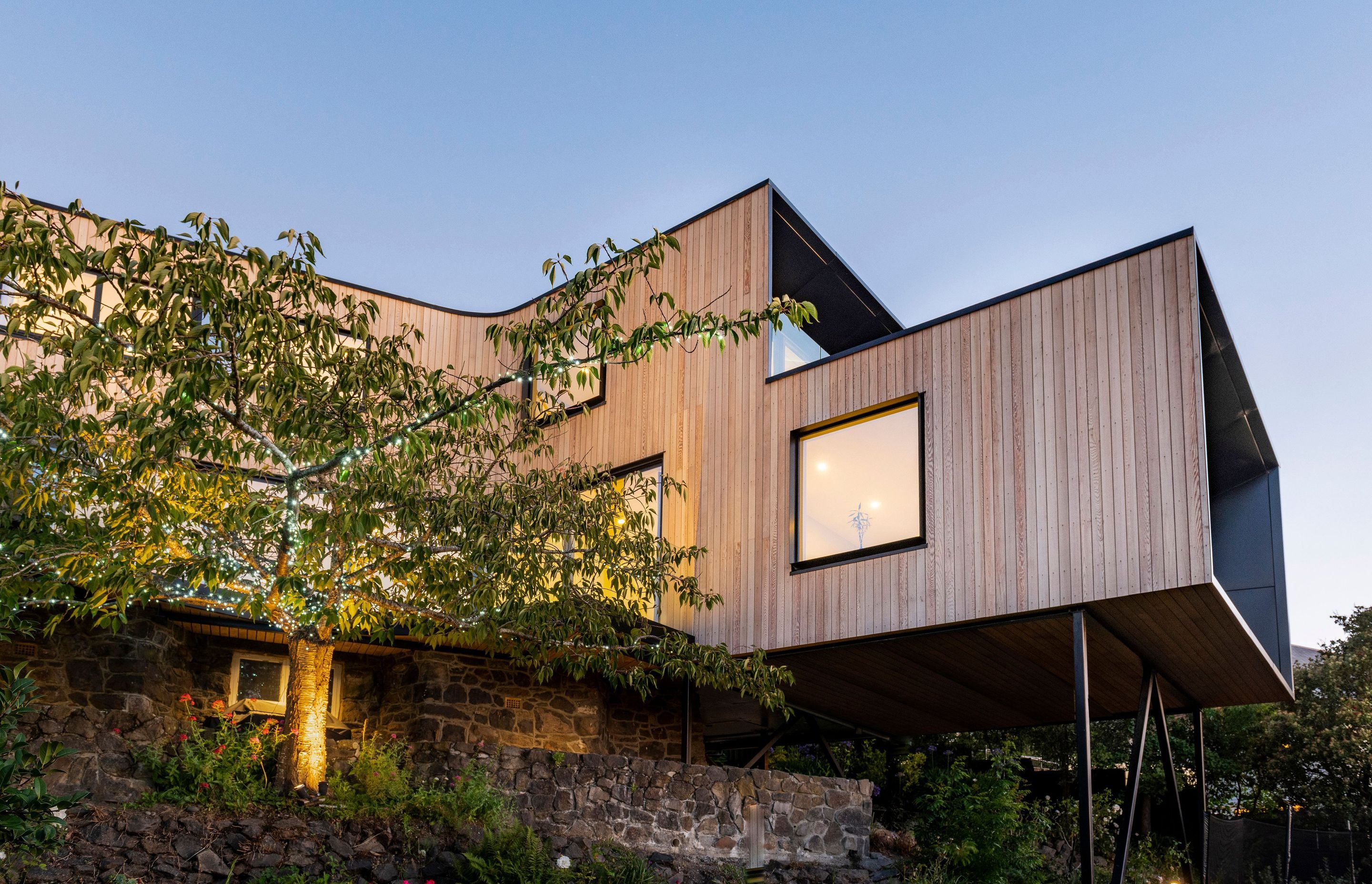 Built to 200 per cent of the earthquake code, the new house  cantilevers out over the historic stone walls of the old Seager house destroyed during the February 2011 quake.