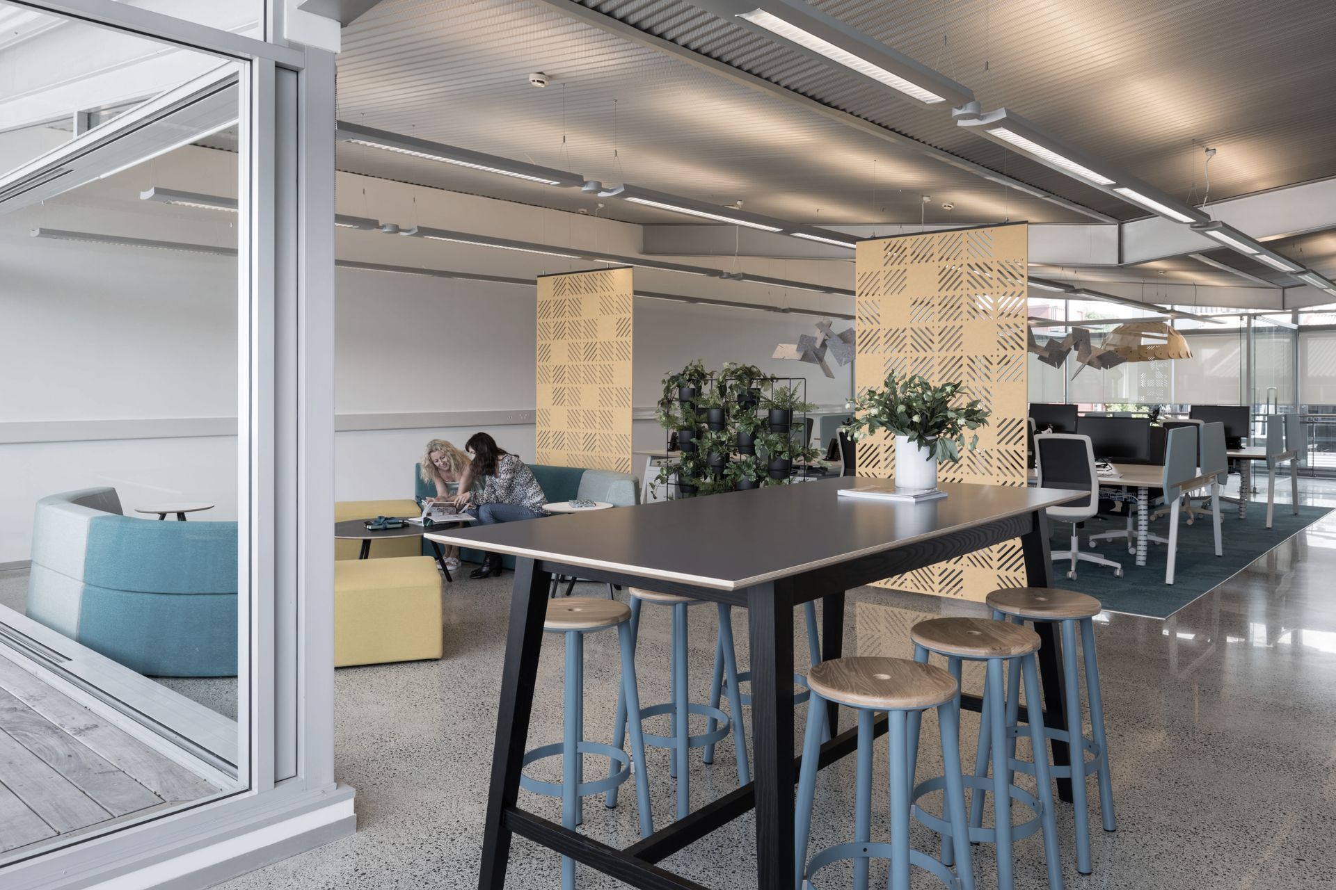 Quality and colour for this space in Parnell, delineated the workpoints with vibrant carpet to assist with noise dampening, and suspended graphic acoustic pendants above, adding acoustic/visual screening drops between work and meeting spaces.
