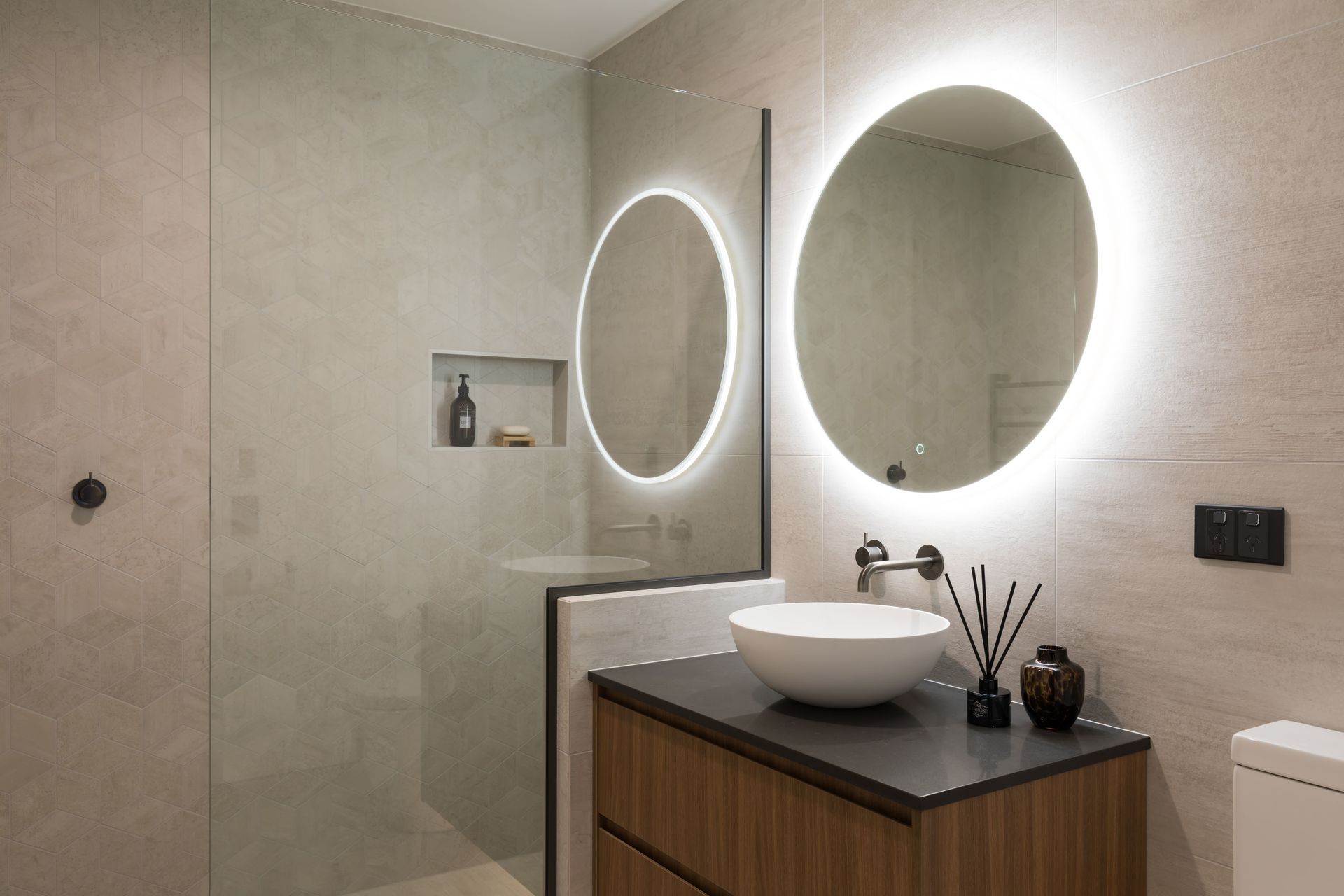Downstairs Bathroom - light mosaic geometric tiles