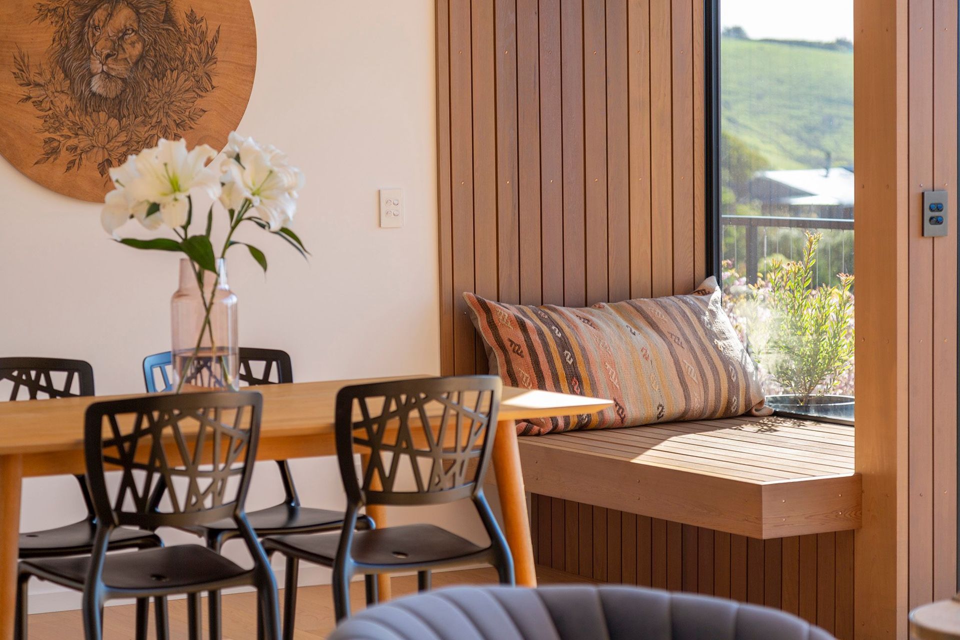 The exterior vertical shiplap cladding has been brought into the interior to marry the inside and outside and to provide warmth and homeliness to the design.