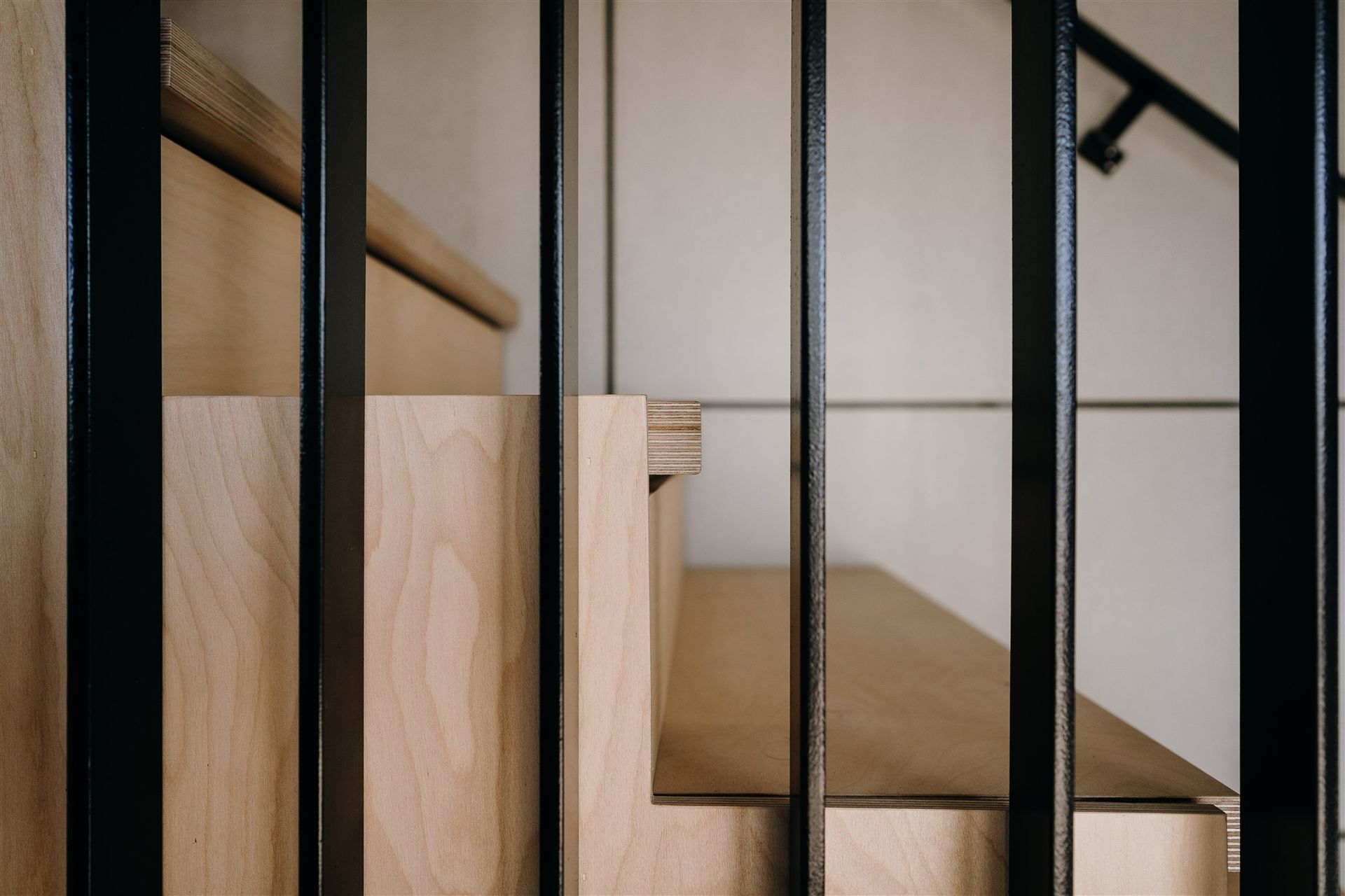 The stairwell forms the centre of the house, with black steel fins and Birch ply stairs. 