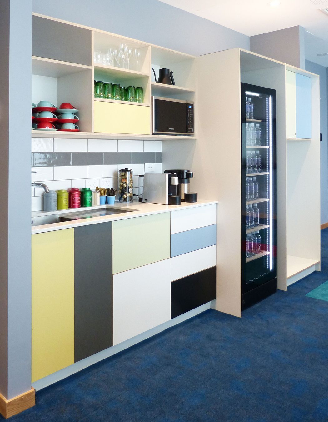 Smaller kitchenettes like these were fitted into each boardroom. Billi instant hot water systems help provide tea and coffee very quickly. Futura ply joinery brings continuity to all the other spaces on level one.