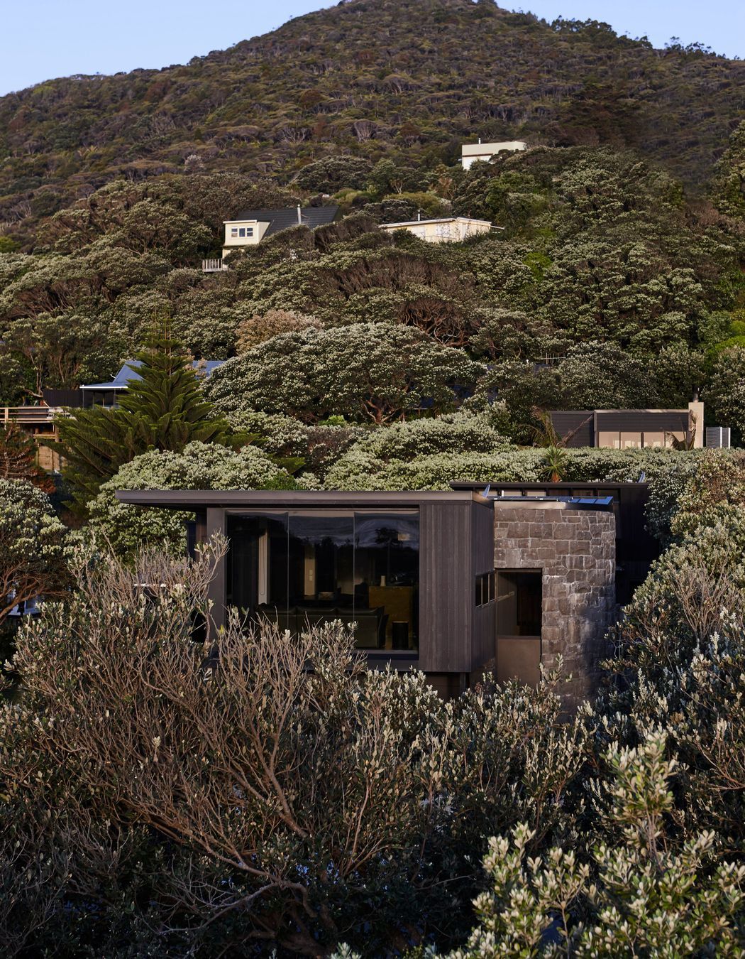 Sympathetic to its surroundings, Piha House nestles into its beachside locale.