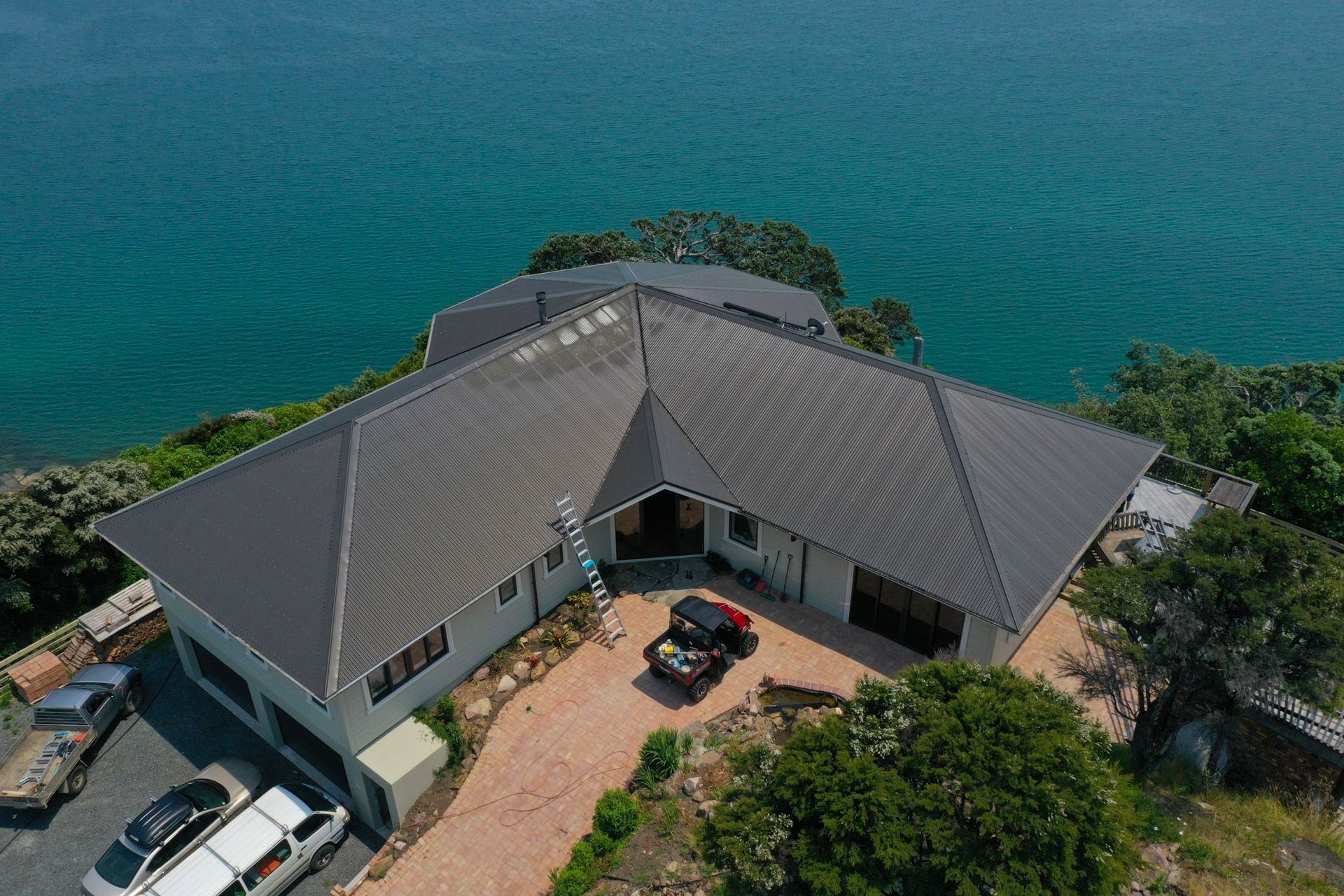 The fire damage is evident on the roofing sheets