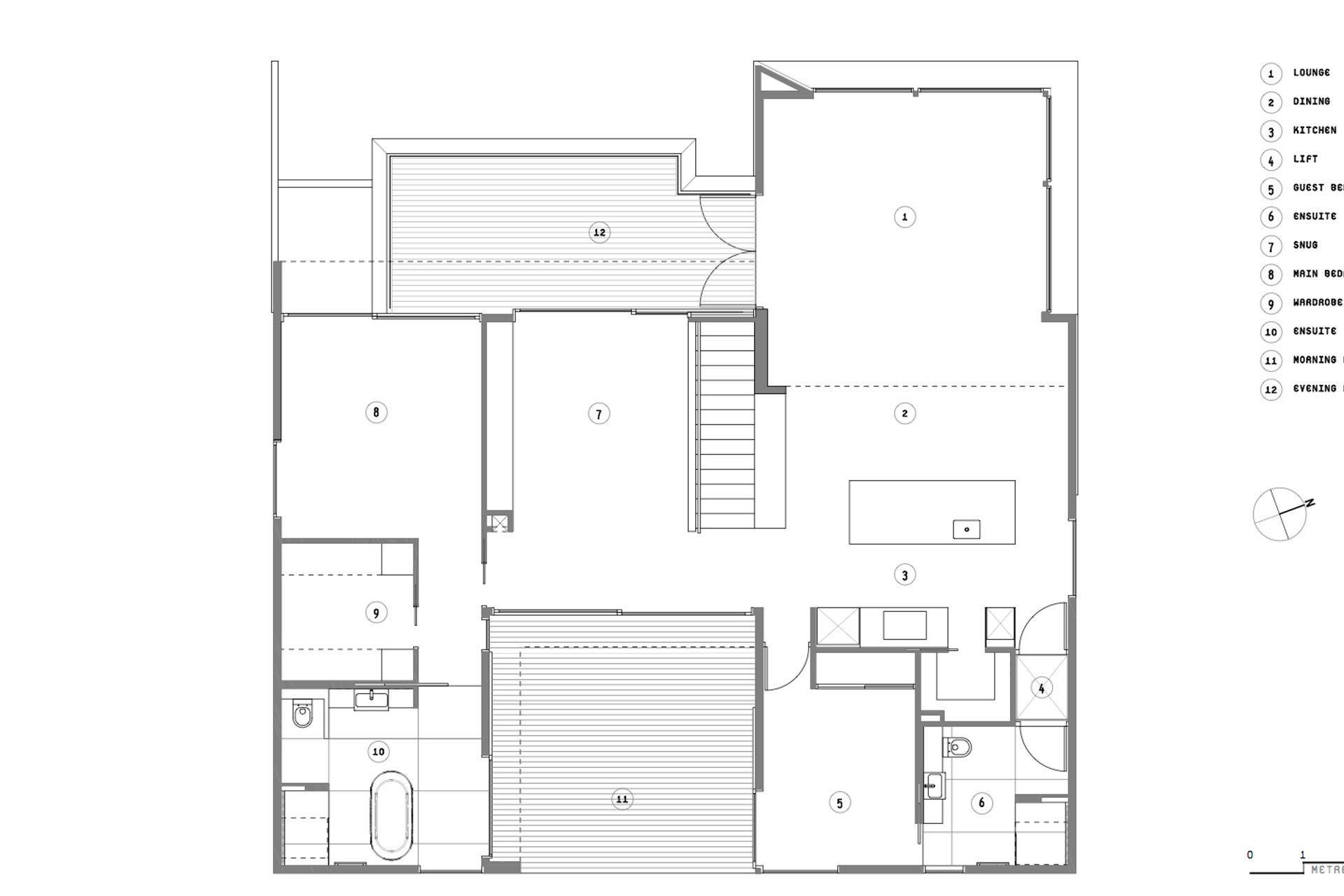 The first-floor plan by Objects shows the evening deck and lounge facing northwest towards the ocean.