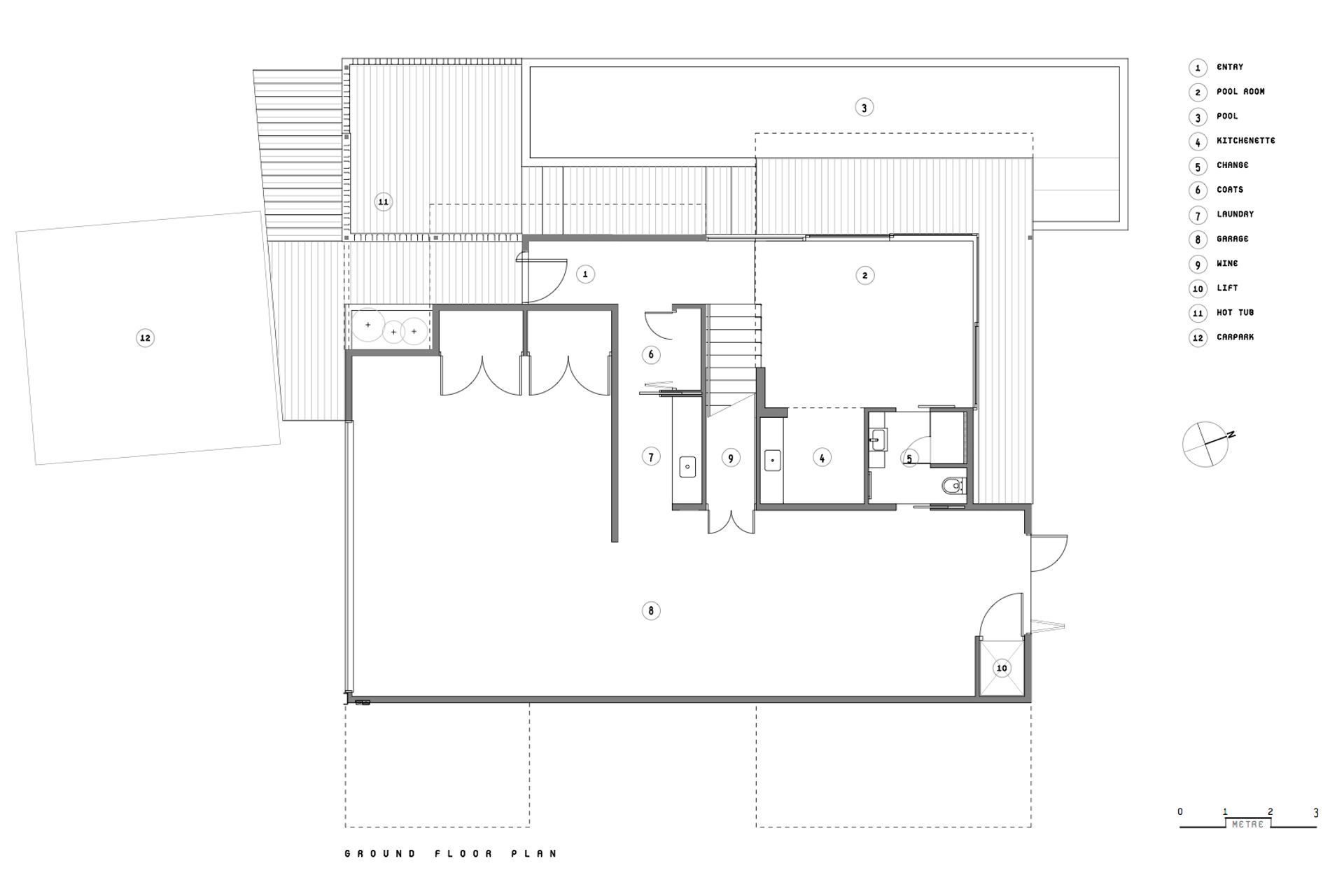 The ground-floor plan by Objects shows the hot tub and lap pool facing northwest.
