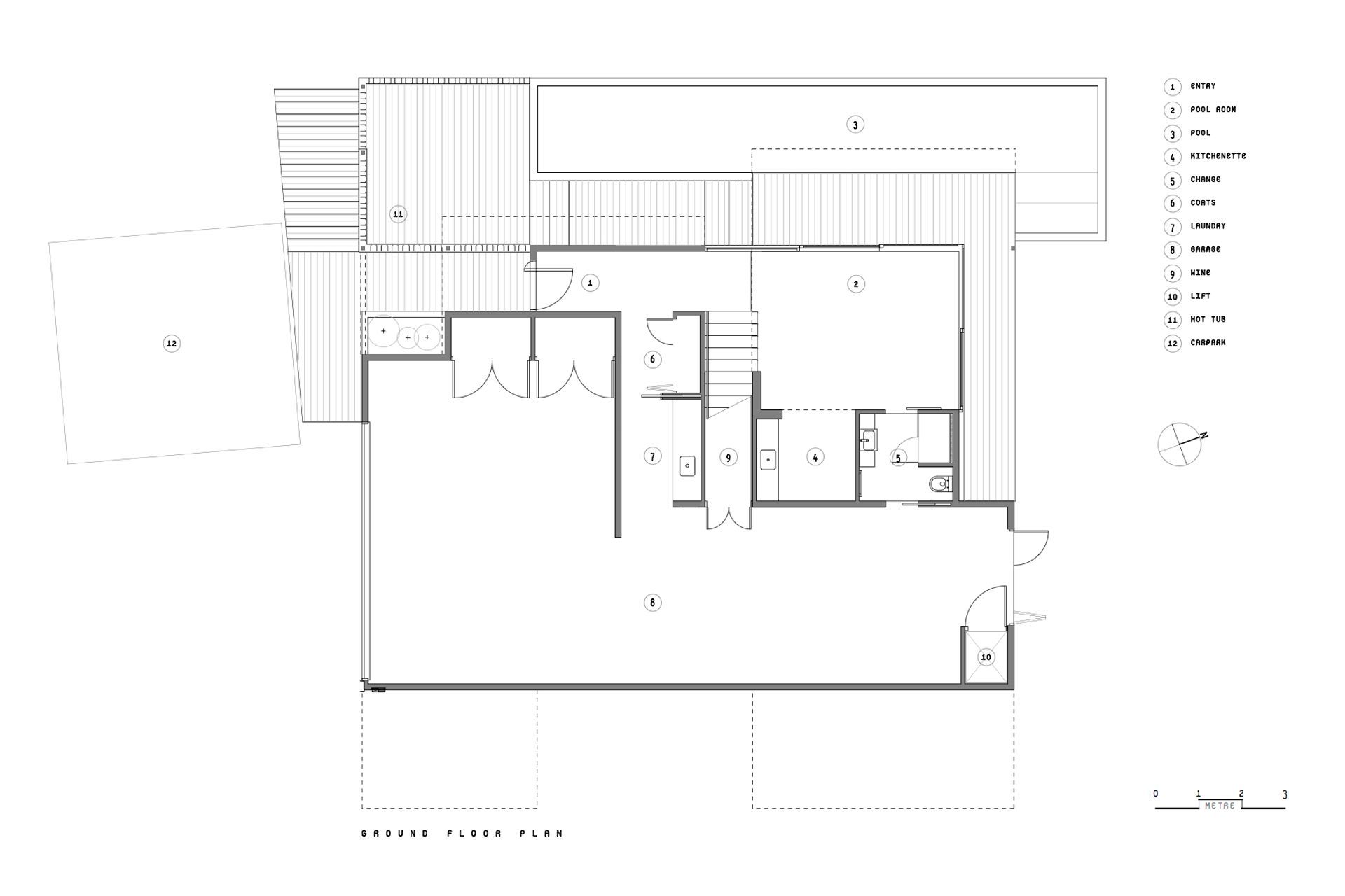 The ground-floor plan by Objects shows the hot tub and lap pool facing northwest.