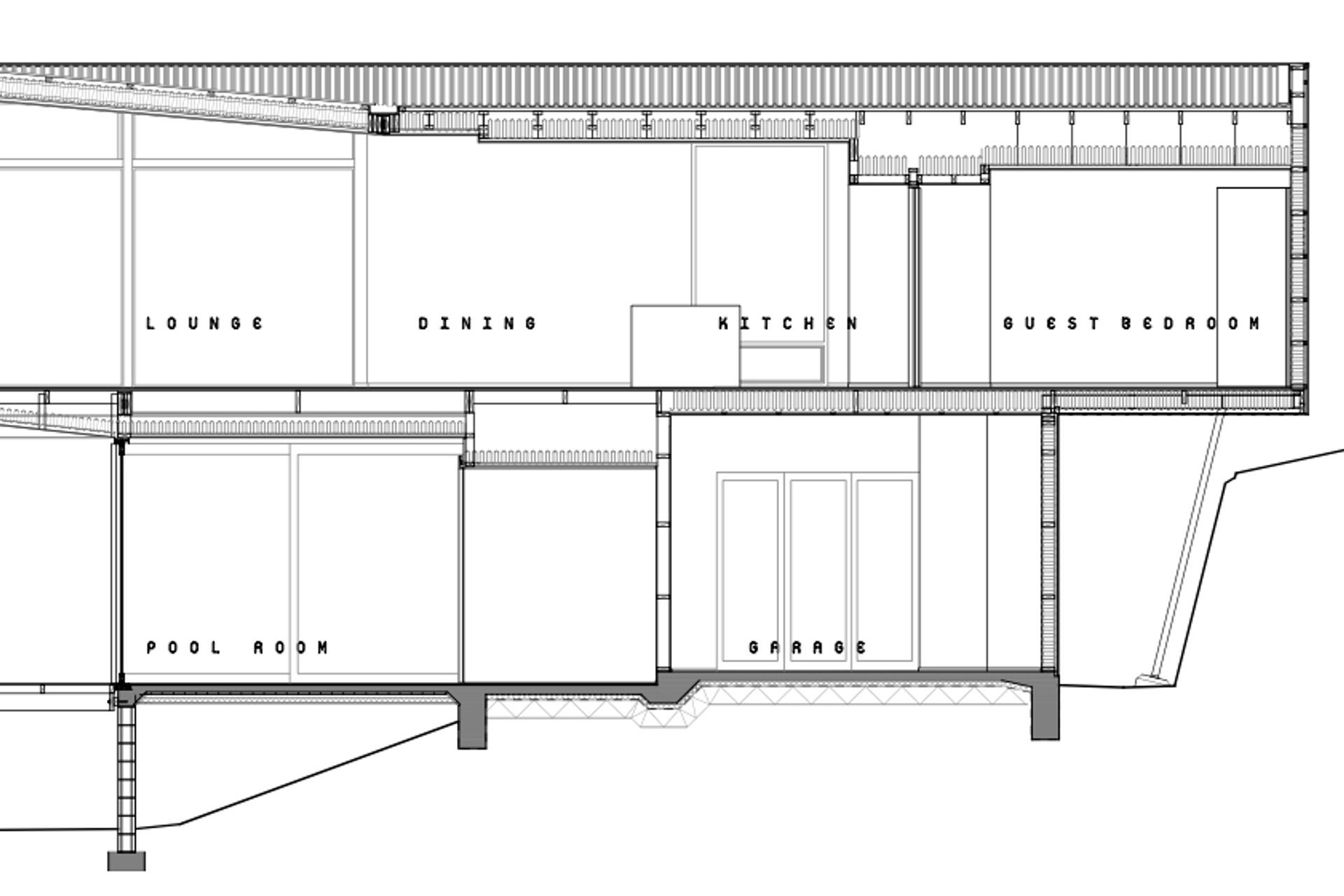 A longitudinal section by Objects. shows the swimming pool below the ground-floor area.