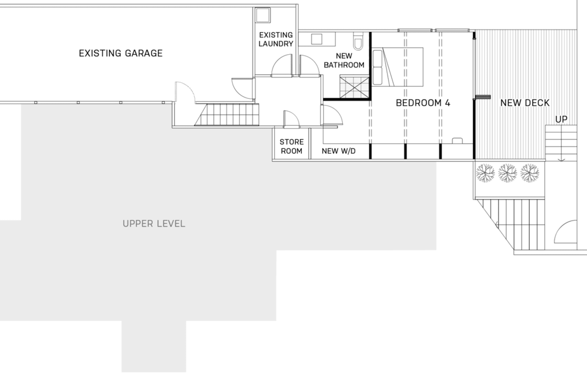 The lower level was extensively repurposed for storage and guest accomodation. A deck and access to the pool connected the space to facilities enjoyed by the upper level.  