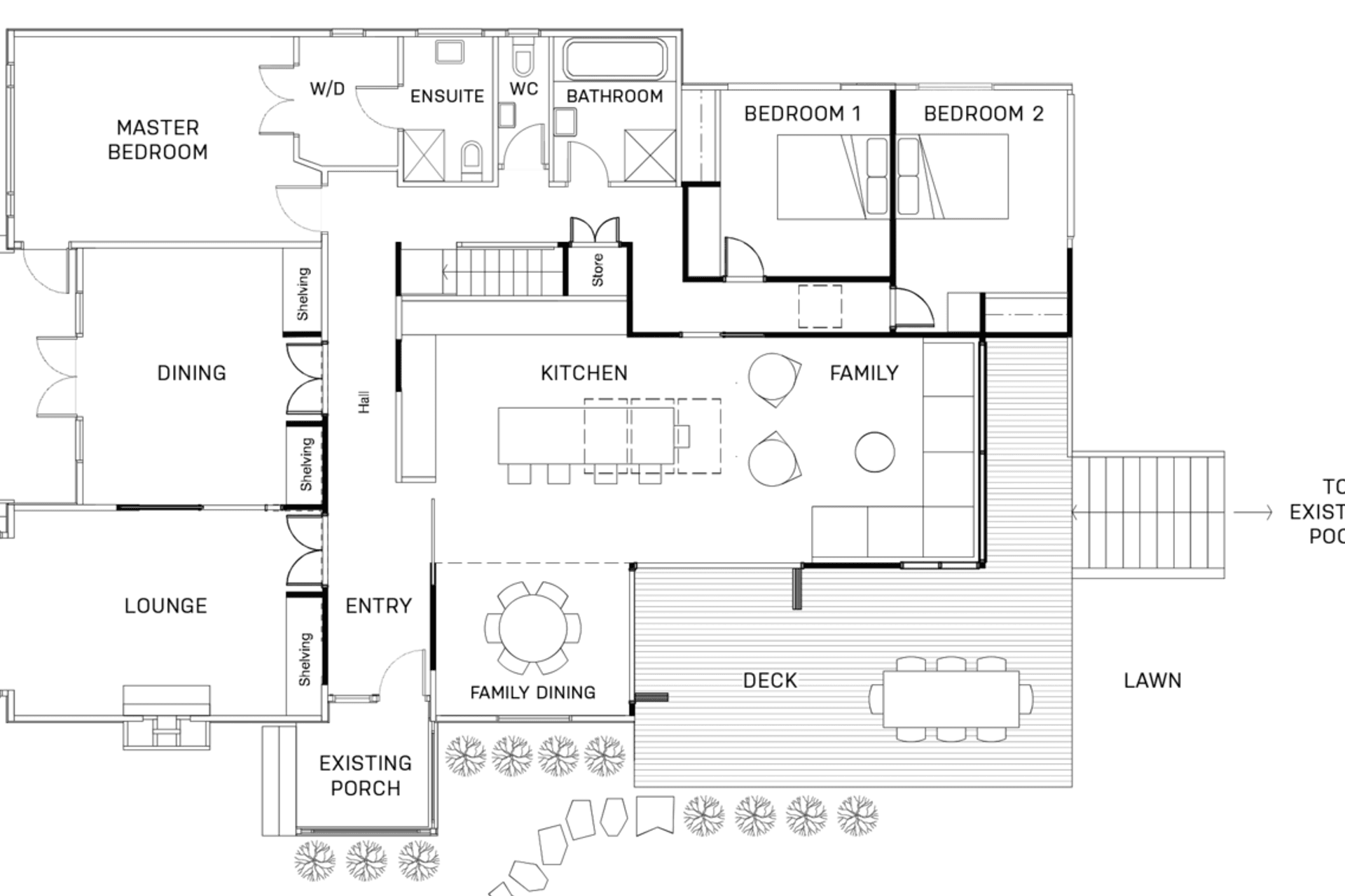 C–Architecture repurposed the living spaces to be more connected and open, while respecting the established formal lounge and dining areas. C–Architecture also gave more definition to sleeping areas with an established hallway, whilst actually increasing 