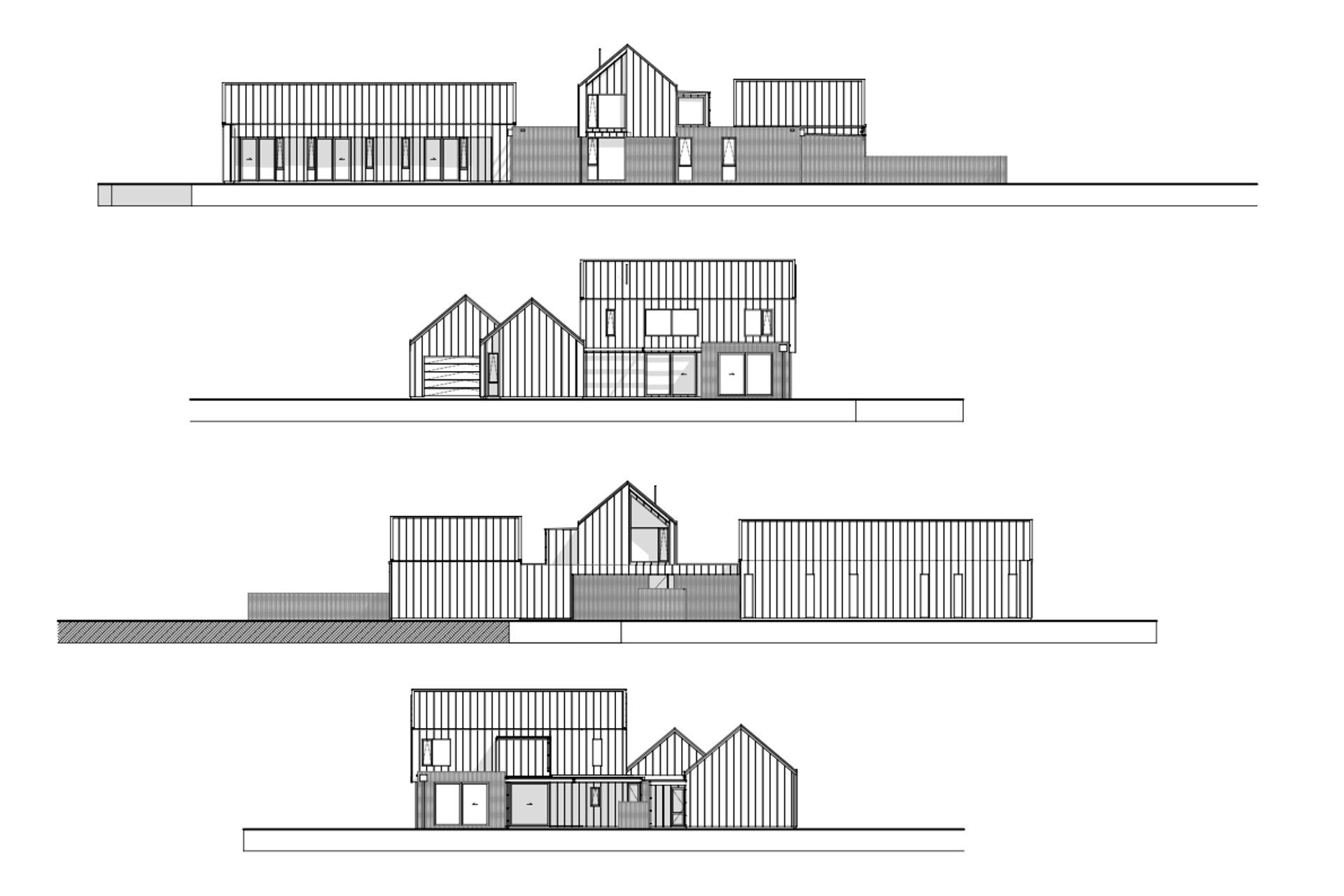Elevations by Arthouse Architects, facing north, east, south and west (from top to bottom).