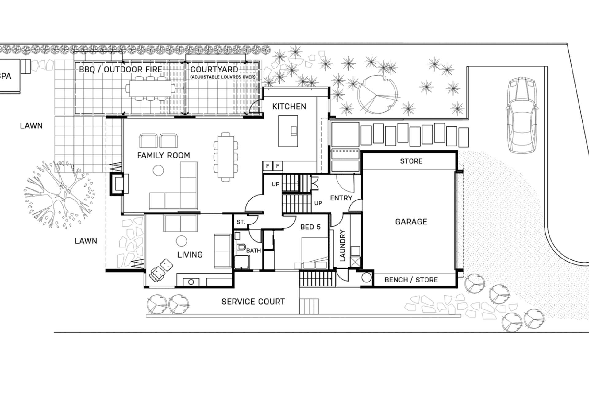 Set on an urban, long and narrow site running east west, the 6 bedroom home has beautiful outlooks both east and west but two close neighbours to the north and south sides. The need to celebrate these two wonderful aspects of the site whilst maintain priv