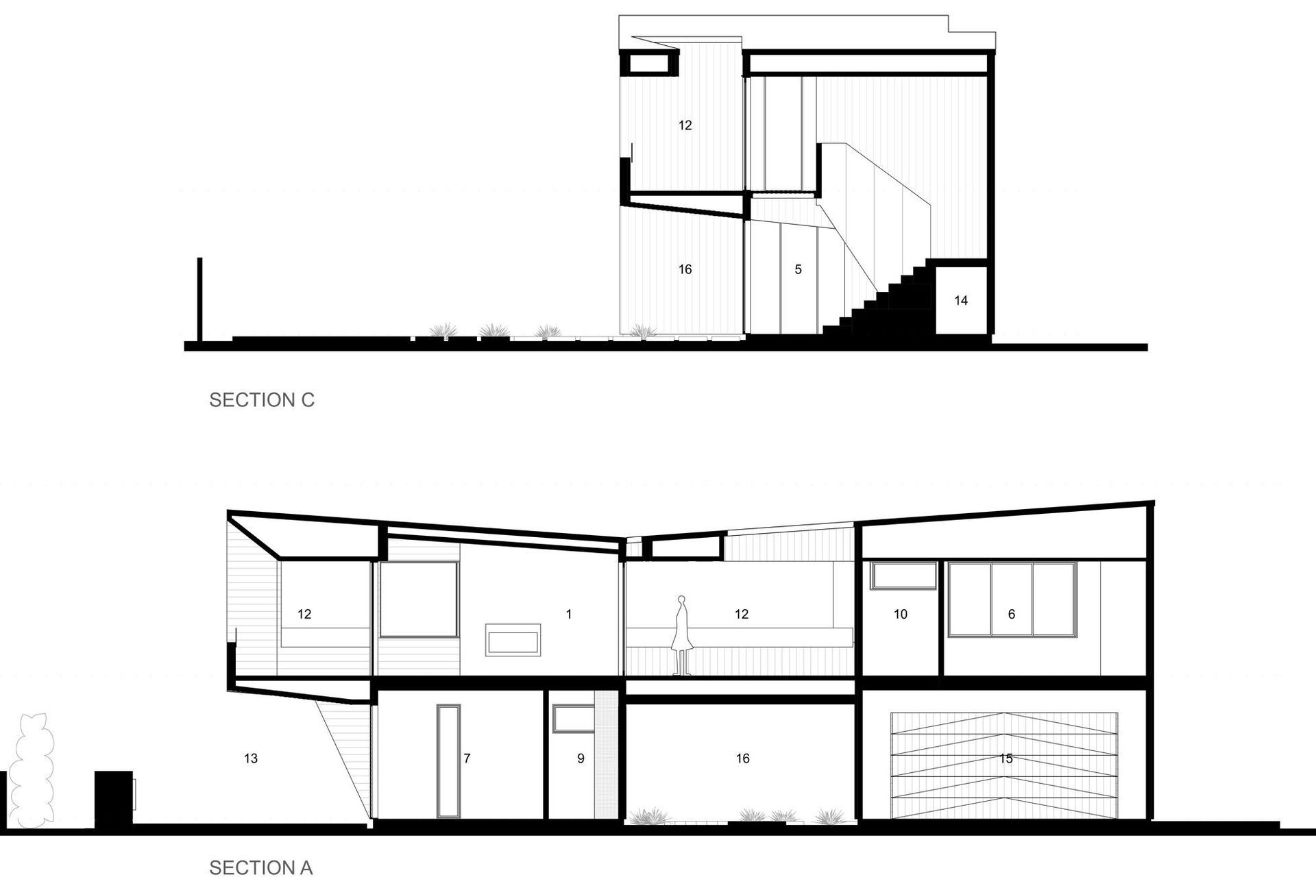 Cross sections of Te Whare Rakau by Julian Guthrie Architecture.. The numbering of the spaces relates to the numbering on the floor plans seen above.