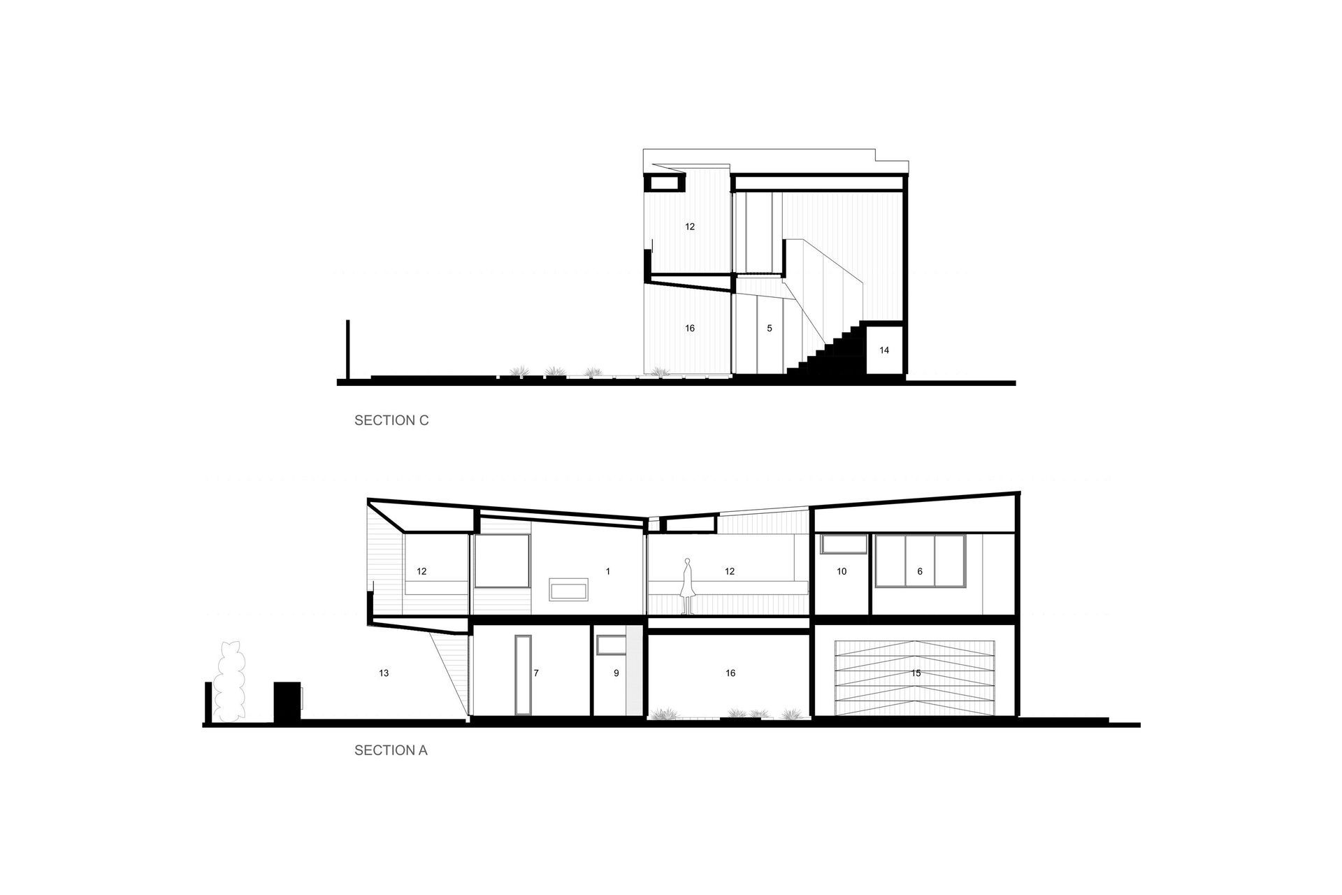 Cross sections of Te Whare Rakau by Julian Guthrie Architecture.. The numbering of the spaces relates to the numbering on the floor plans seen above.