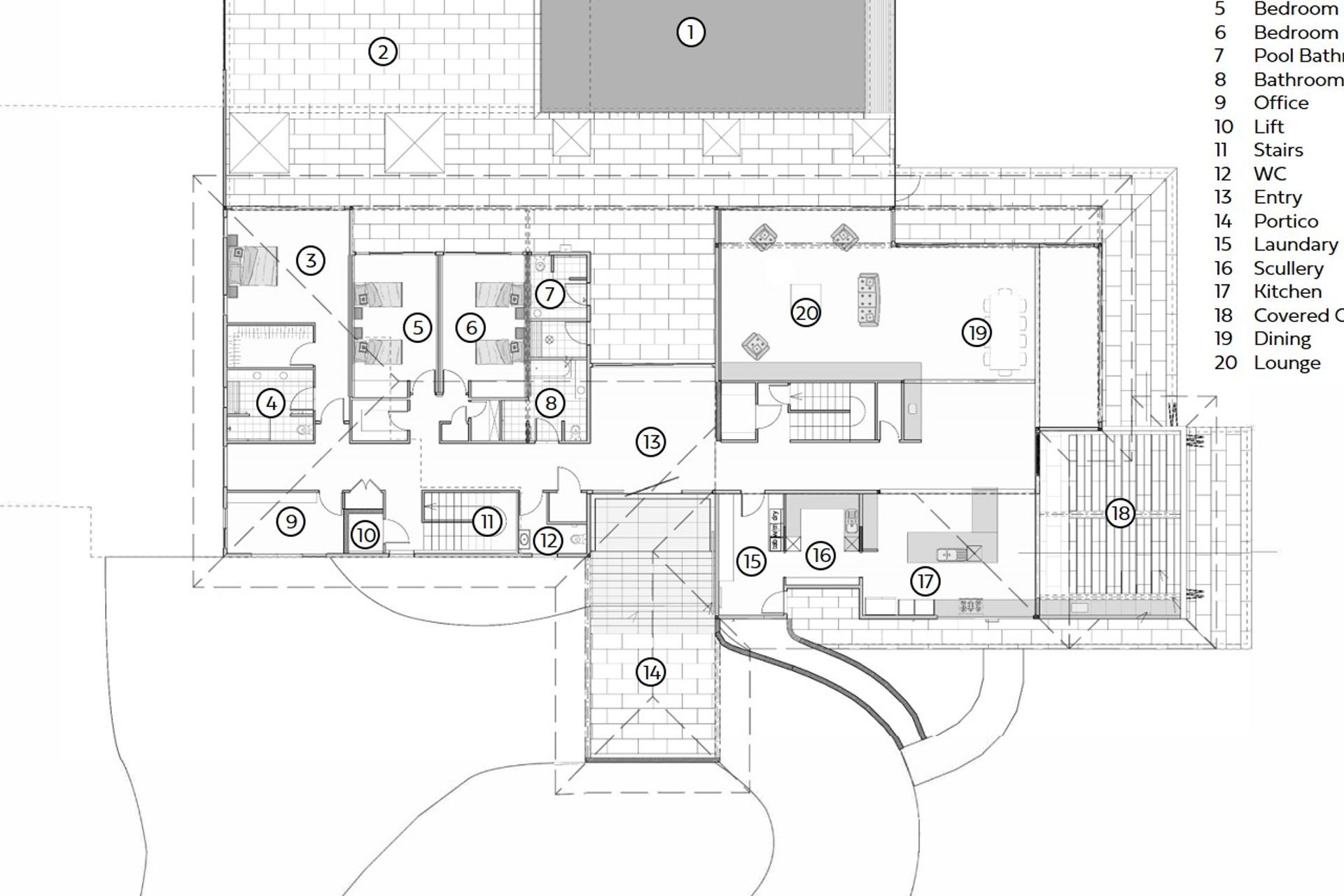 The first-floor plan of Three Kings House by Arcline Architecture. 