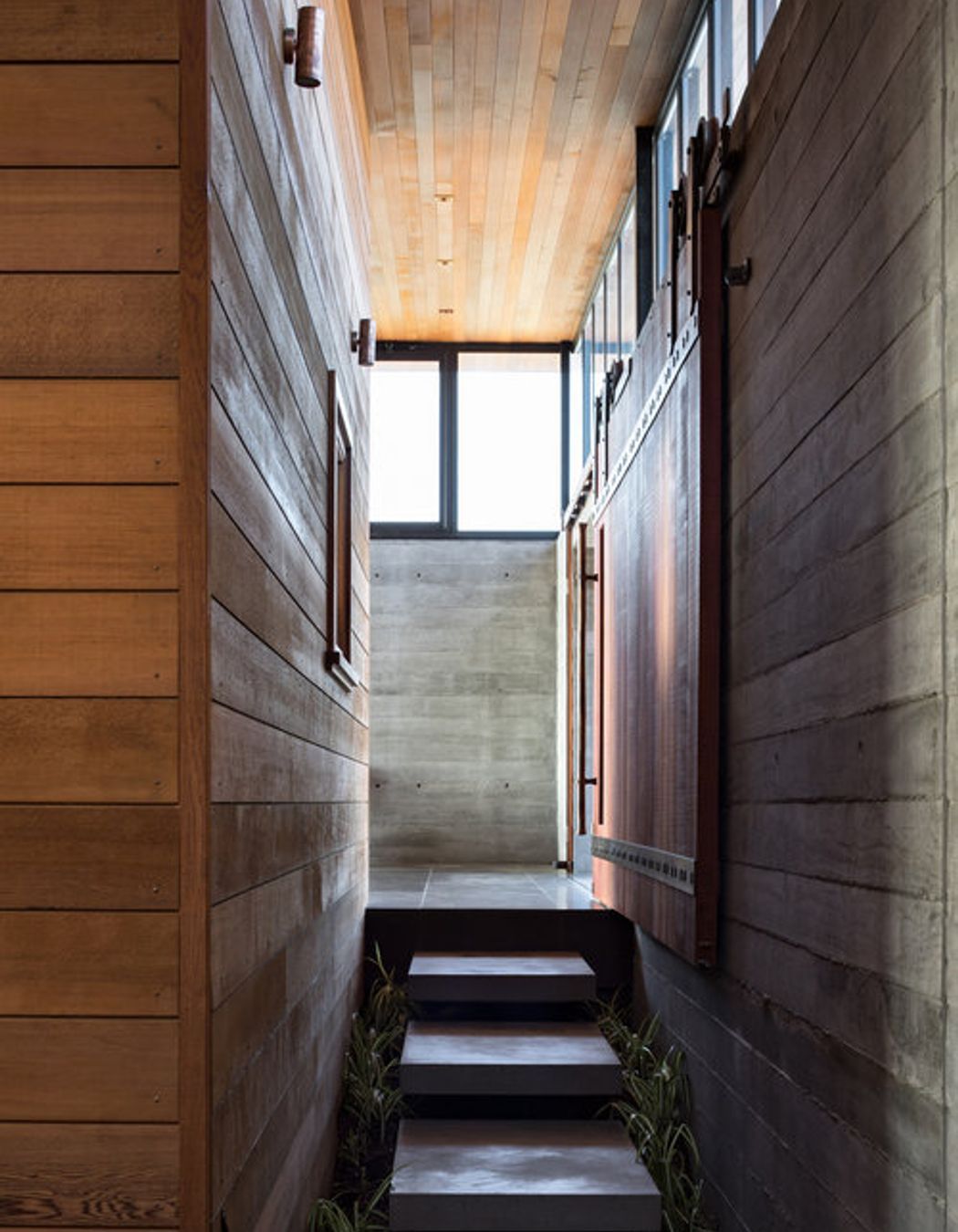 Cedar weatherboards and shuttered concrete lines the walkway to/from the courtyard.