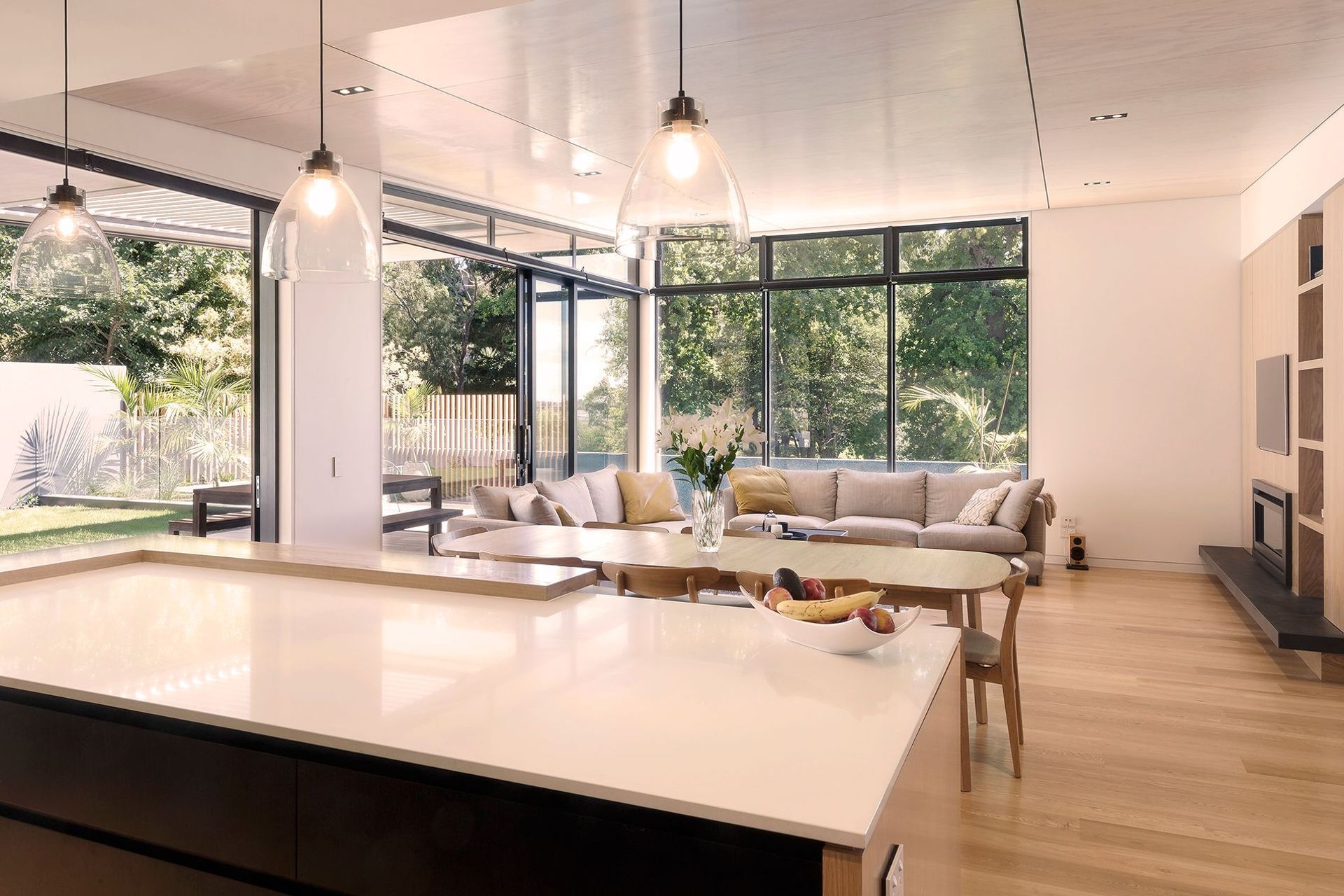 The dining area and lounge seen from the scullery entrance.