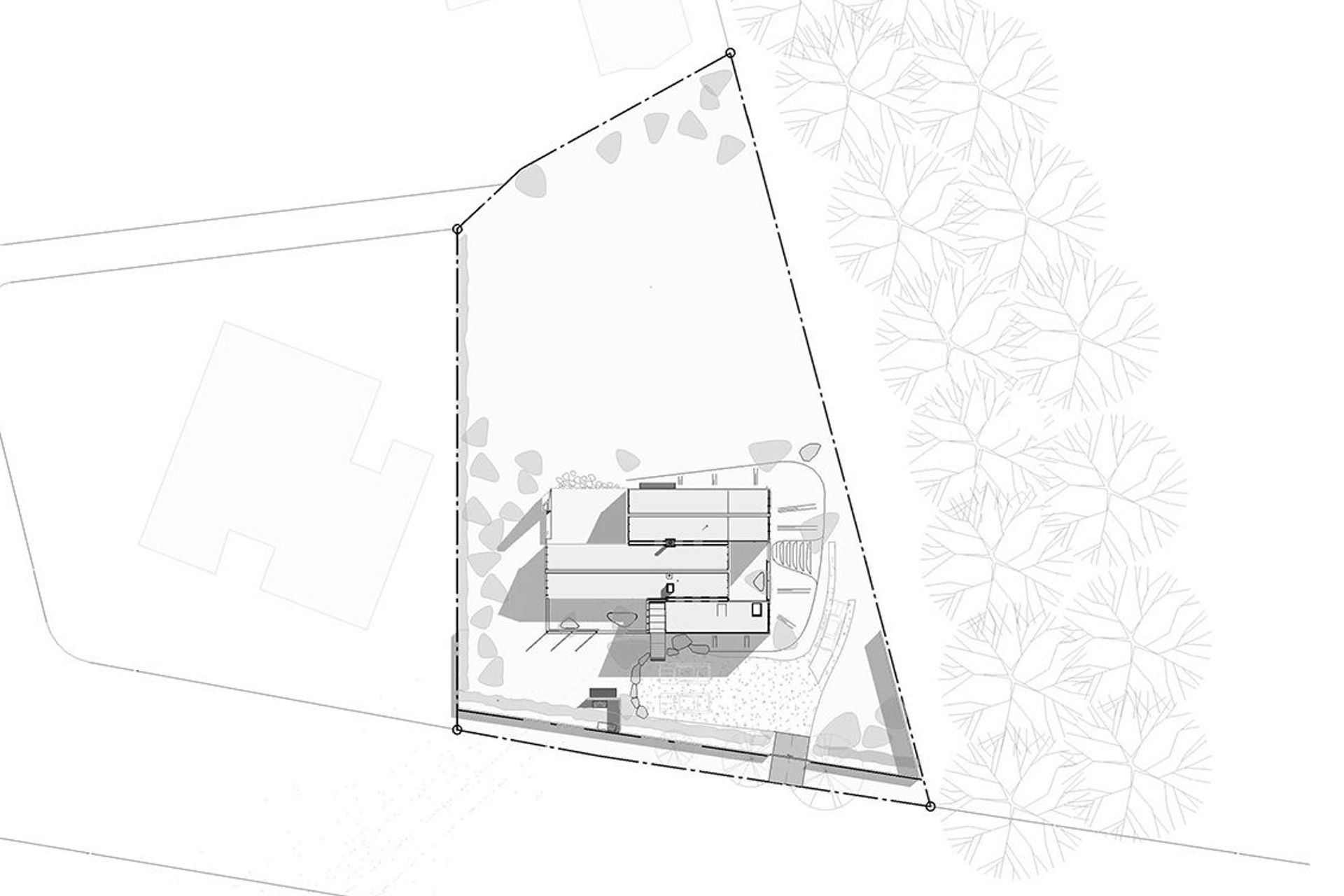 The site plan of Wanaka Crib shows the forms slipping past one another. Drawing by PAC Studio and Steven Lloyd Architecture.