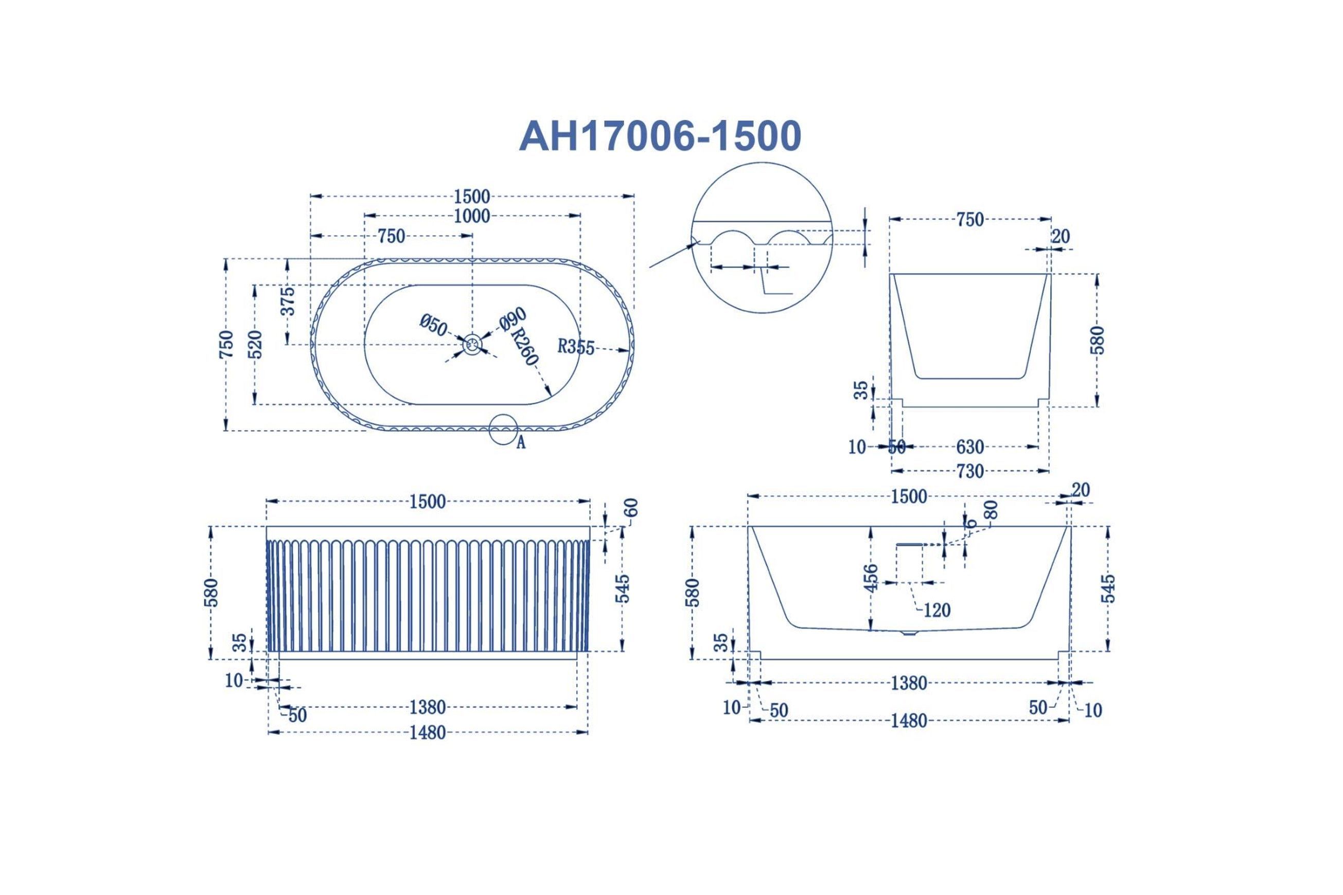 Freestanding Fluted Bathtub 1500mm