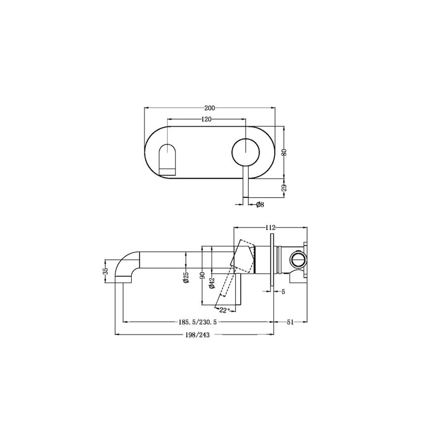 Zen SS316L Wall Basin/Bath Mixer 185mm Spout | Graphite