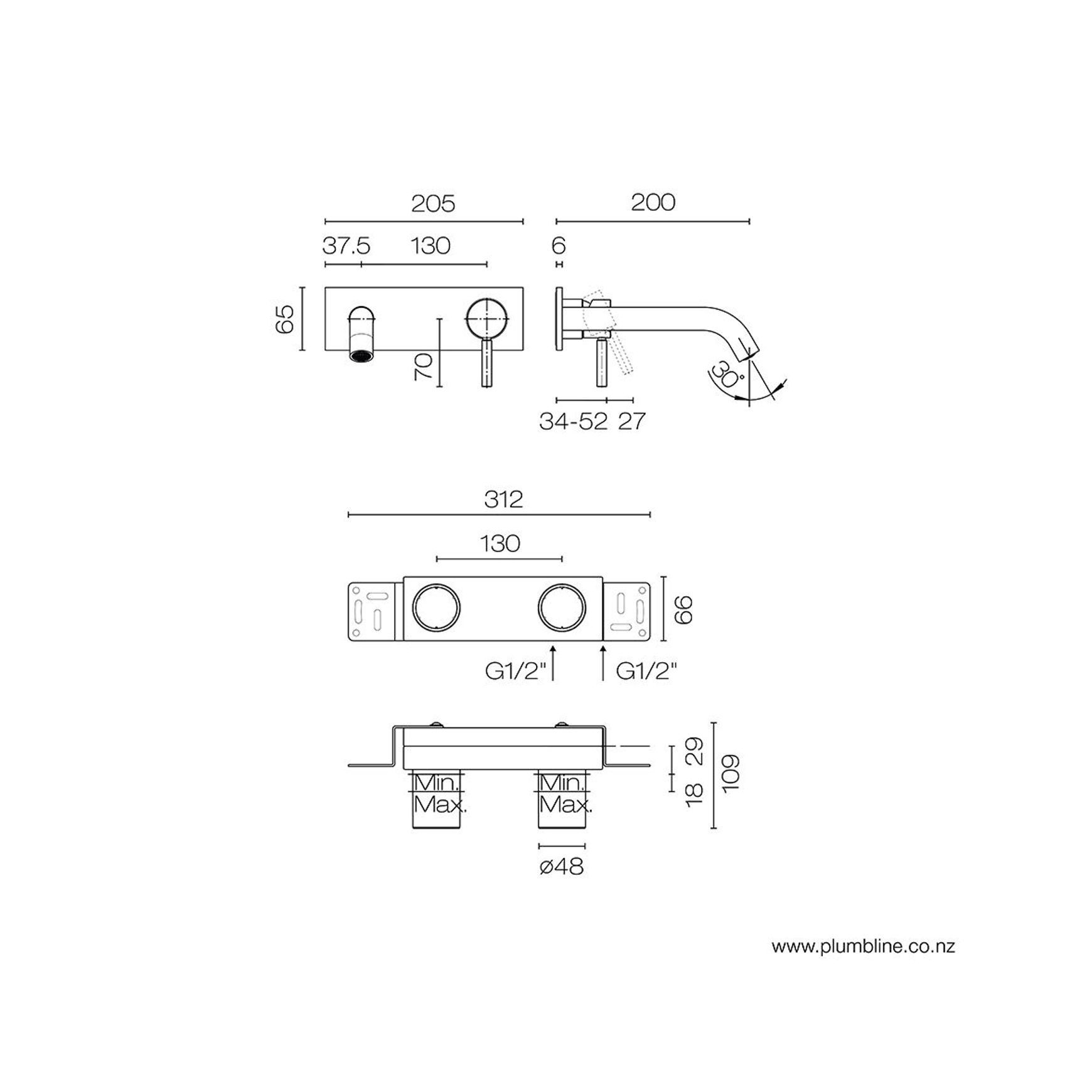 Nostromo Wall Mount Mixer With Backplate dimensions
