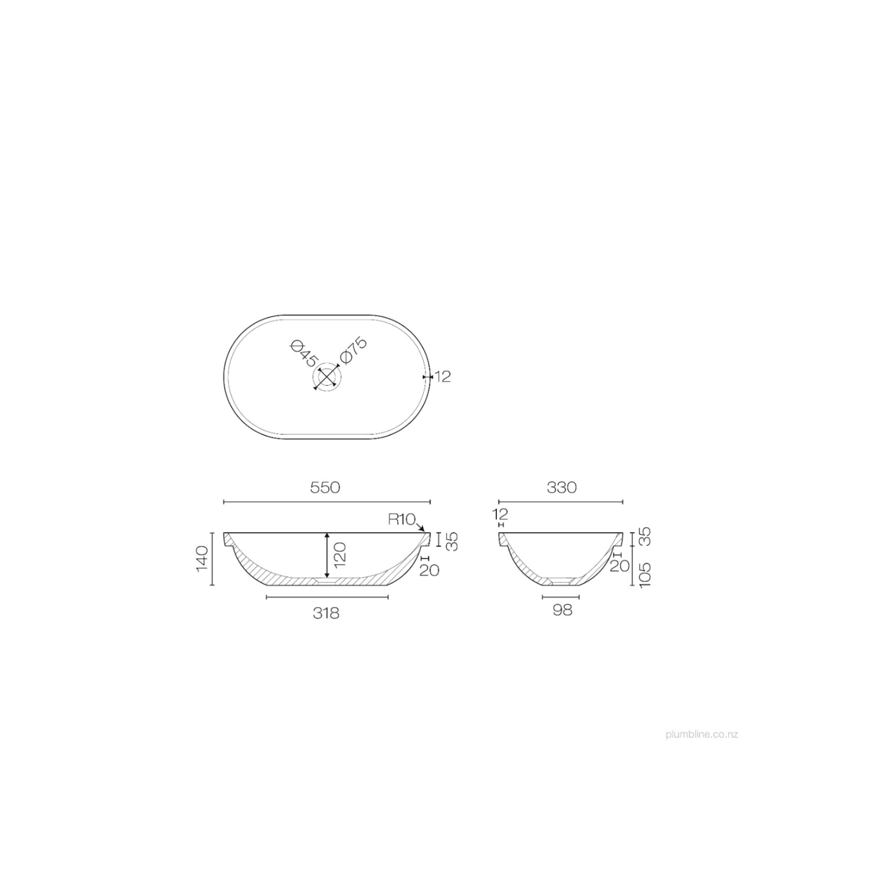 Niagara Belle Inset Basin dimensions