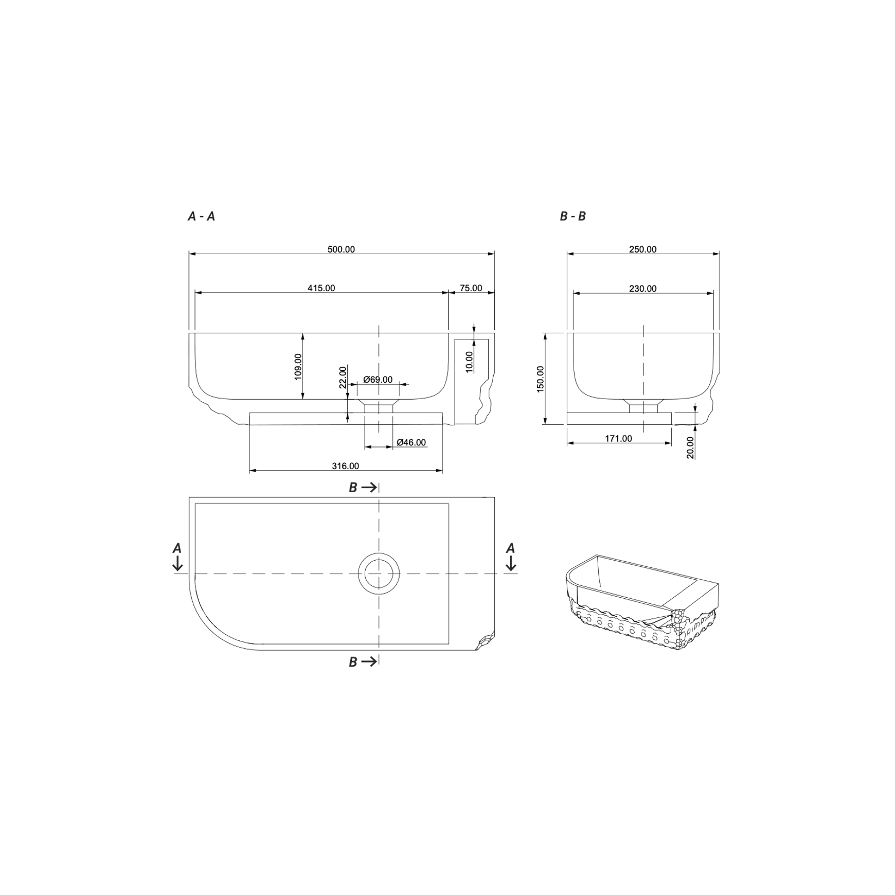 Aqvato Allen (A.H4) Bathroom Basin dimensions