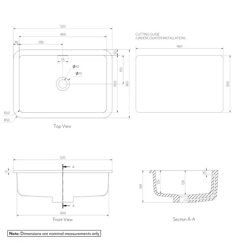 Zuri Undercounter Rectangle Basin 520mm (Deep)