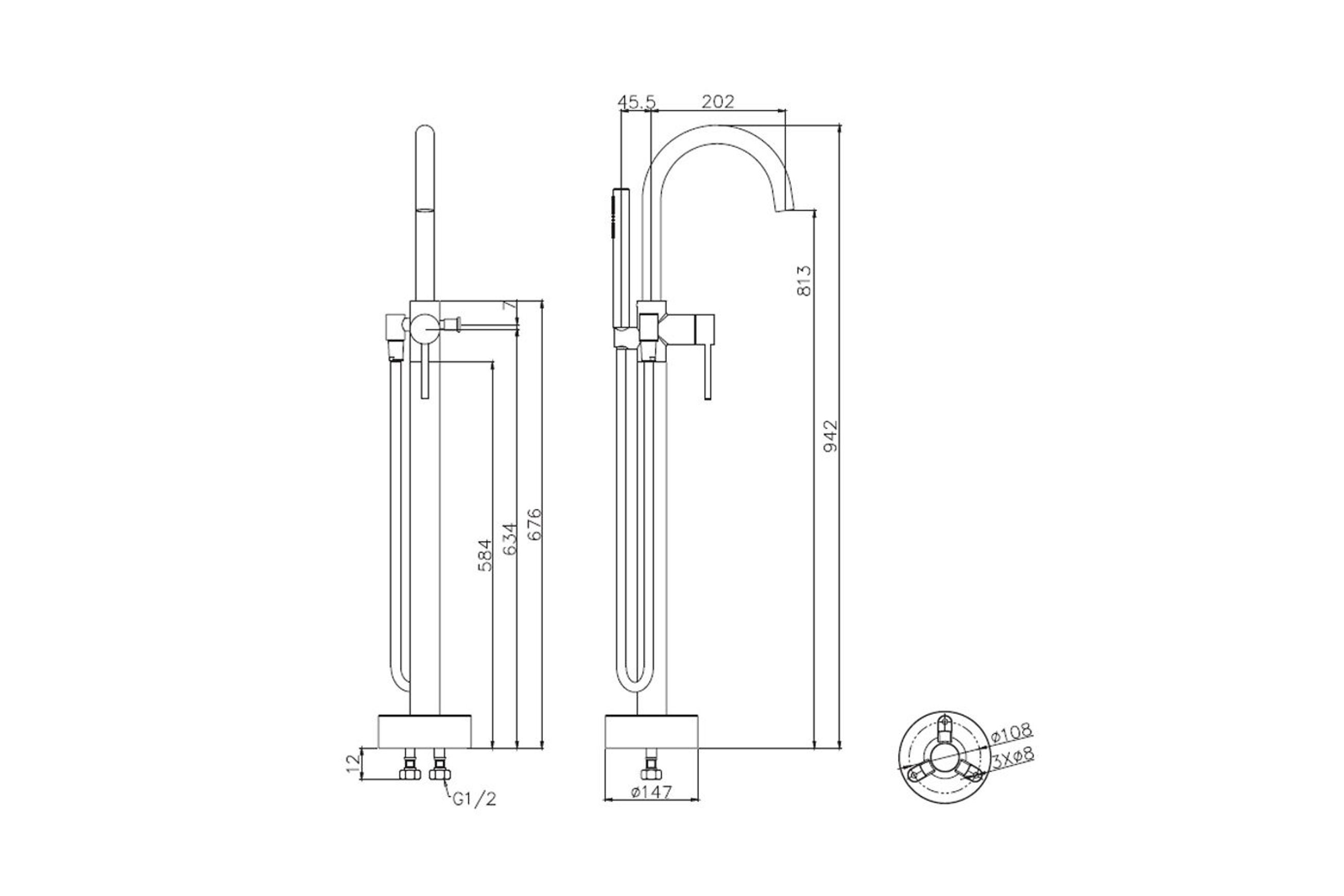 Uno Bath Column With Hand Shower dimensions