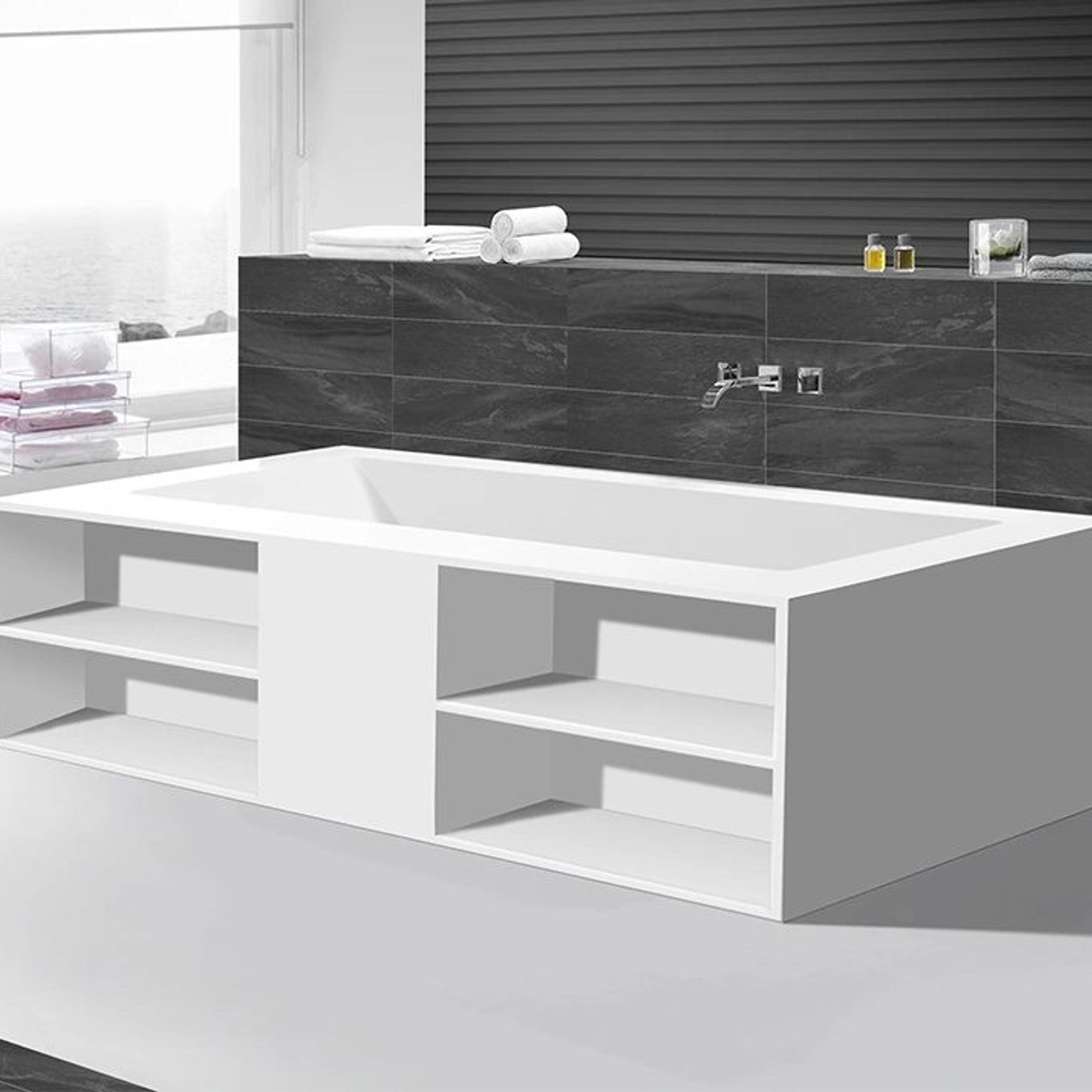 Cube Bathtub with Built-In Shelves