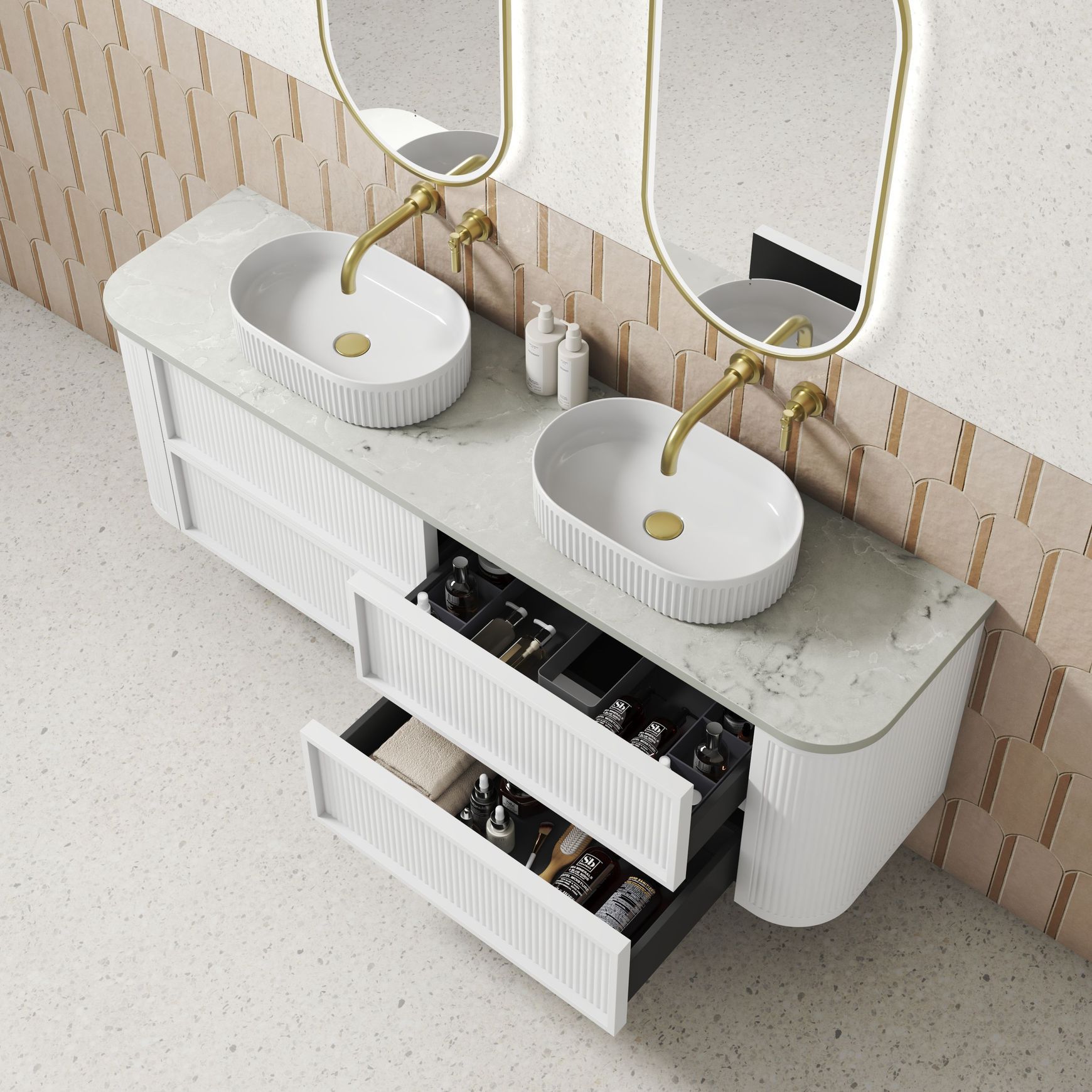 Aulic Ramee Fluted Wall Hung 1800mm Matte White Cabinet