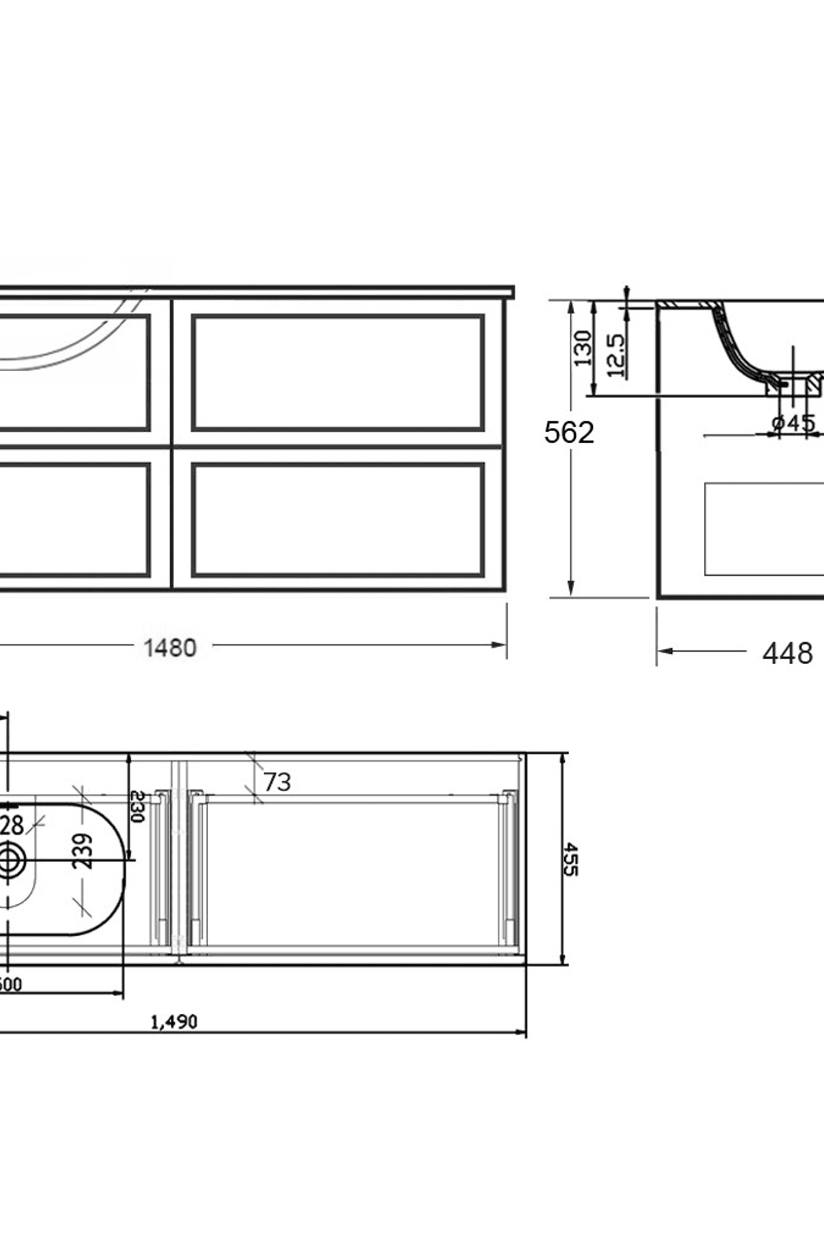 Telaio 1500 Single Left Bowl 4 Drawer Wall Vanity dimensions