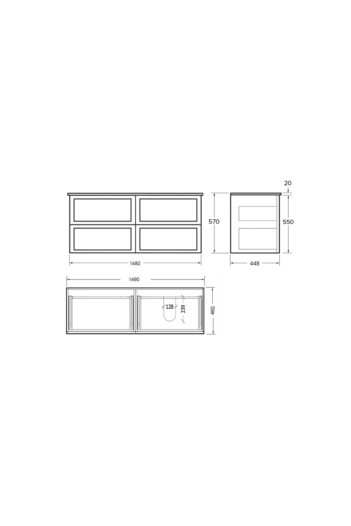 Telaio 1500 Single Right Bowl 4 Drawer Wall Vanity