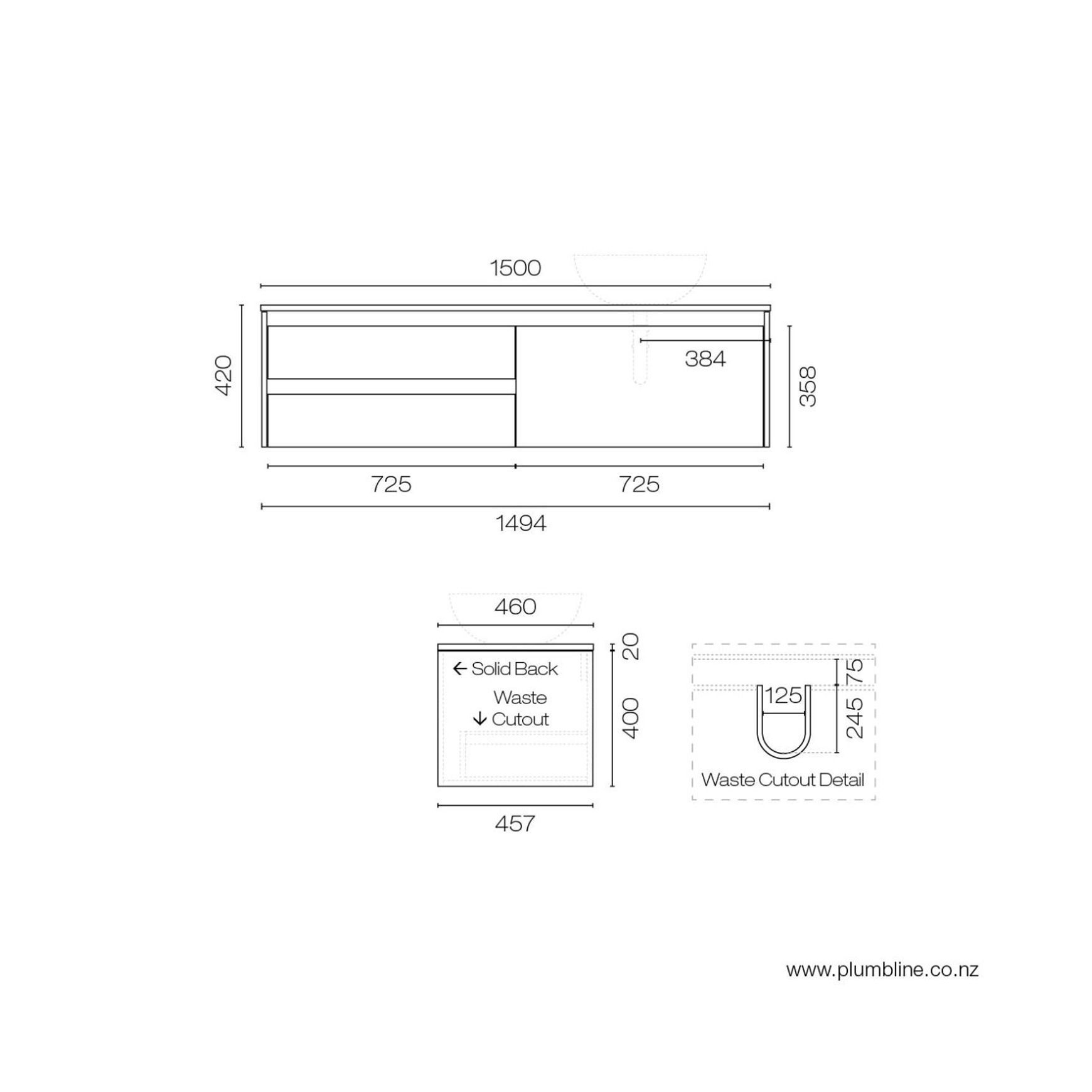 Stanza Legno 1500 3 Drawer Vanity Right