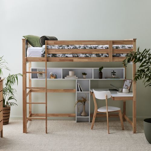 Buddy King Single Loft Bed with Desk and Shelves | Natural Hardwood Frame