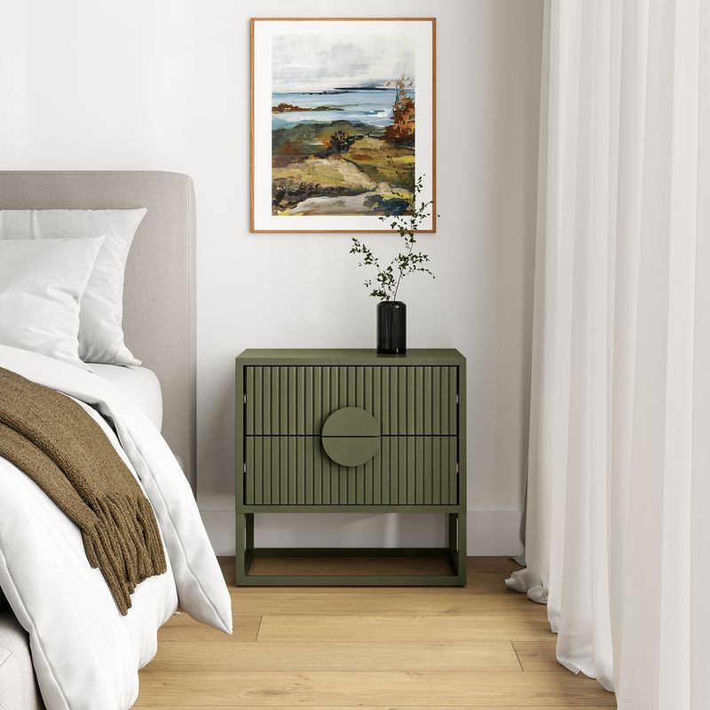 Braxton 2 Drawer Ripple Slatted Bedside Table | Olive Green